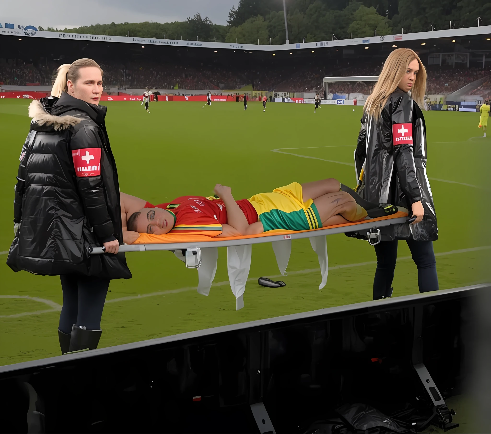 there are two women standing next to a man on a stretcher, at the world cup, video still, inspired by Pál Szinyei Merse, future inflatable jacket, behind the scenes, 🇺🇦, on the field, warm sunshine, realistic scene, inspired by Lee Gatch, tv capture, really long, 😭 🤮 💕 🎀, a cartoon