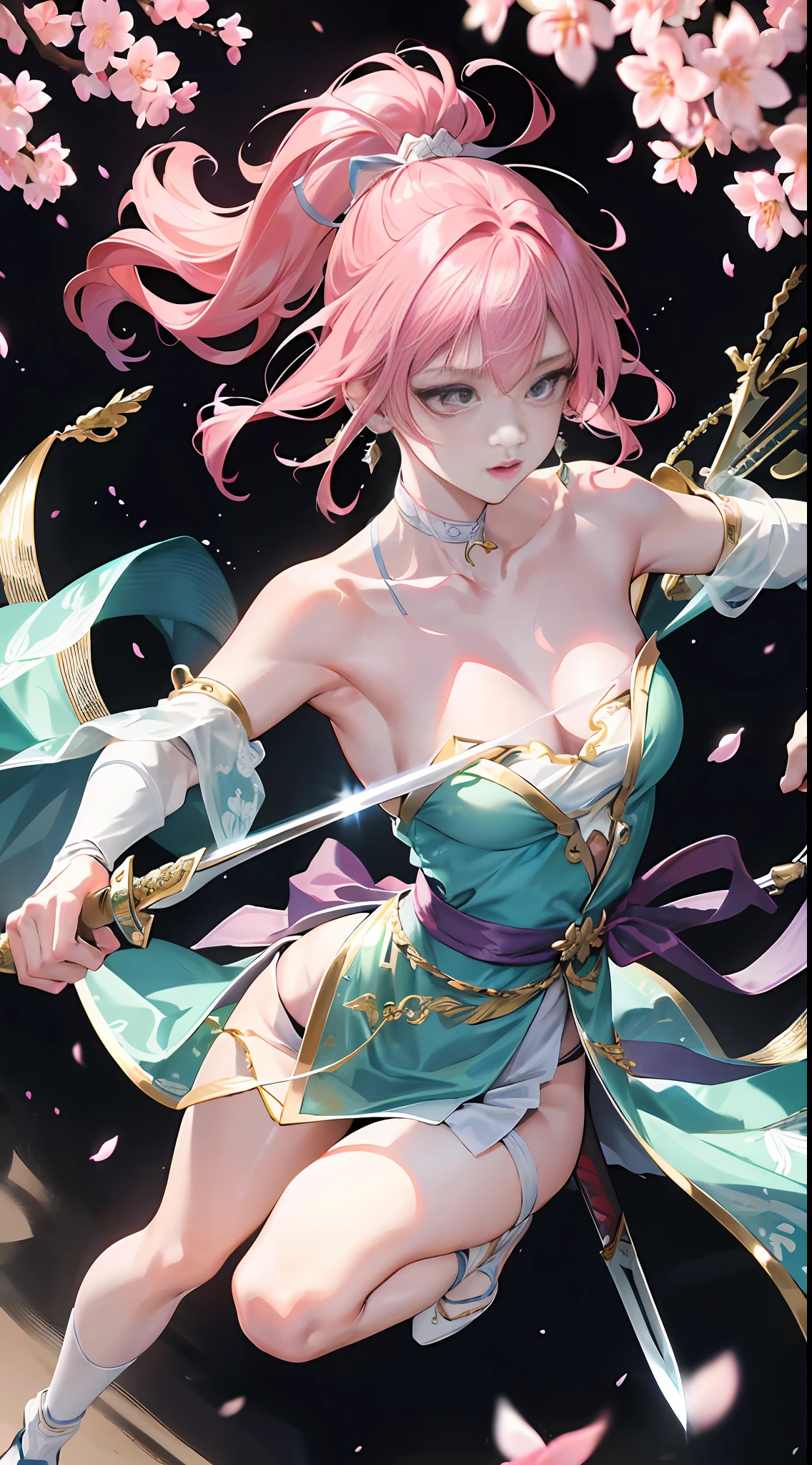 1 girl, 2 legs, 2 hands, against the background of cherry blossoms, Shusen, Paladin, Ranger, fairy fluttering, soft light, cool, beautiful, masterpiece, detailed shadows, detailed eyes, best quality, super high resolution, detail face, (magic circle: 1.2), full body, East Asian architecture, sheath, 4k, head: 1.3, delicate skin, (cinema lights), collarbone, armpit wrinkles, full body, ink pastel, ultra hd, sword, weapon, martial arts knife, gradient, gradient Back ground, sheaths, earrings, jewelry, knife bows, ear piercing, hand on hit