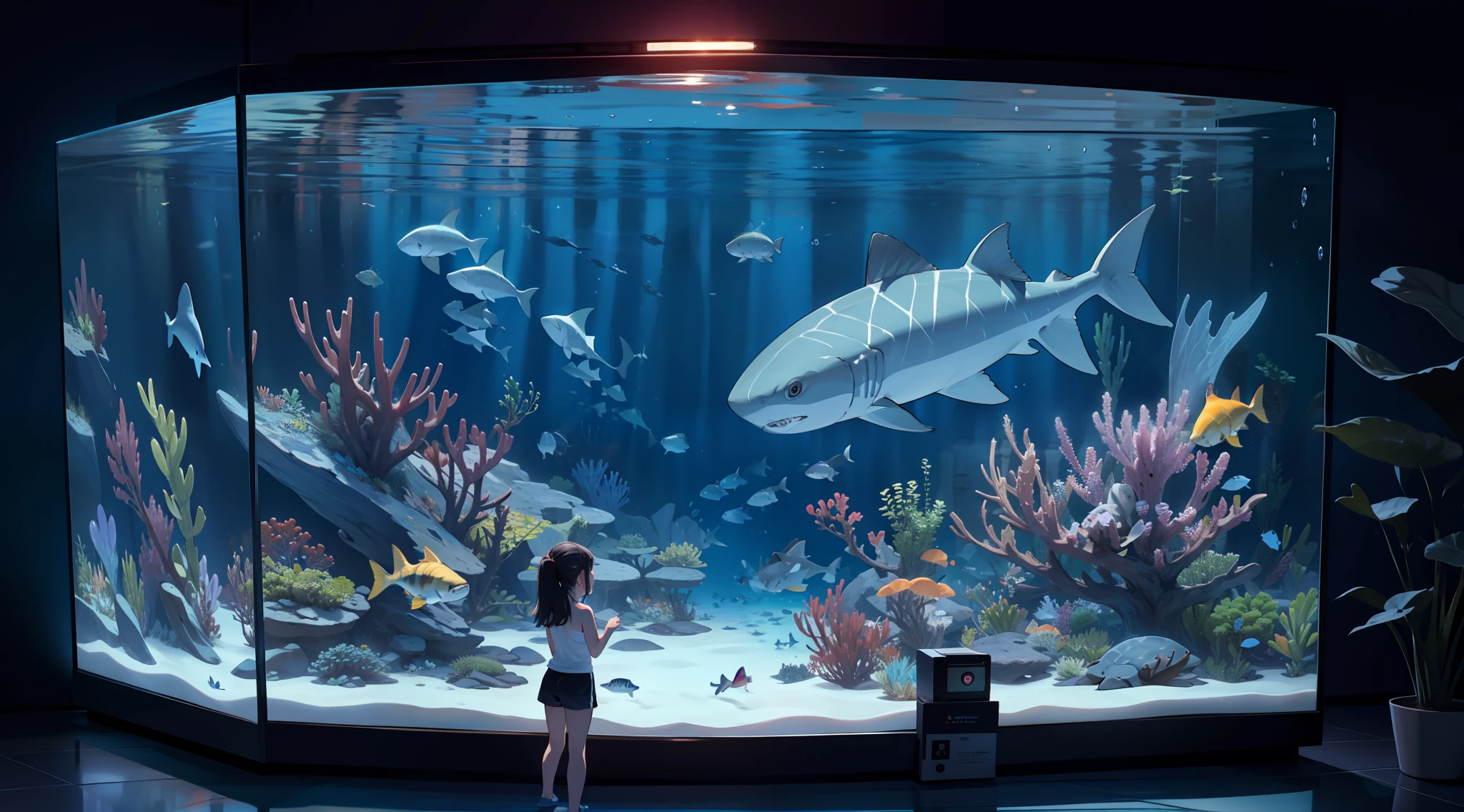 ultrafine image, 4K, 8K, big aquarium, big tank with sharks swimming, back view of little girl looking at it