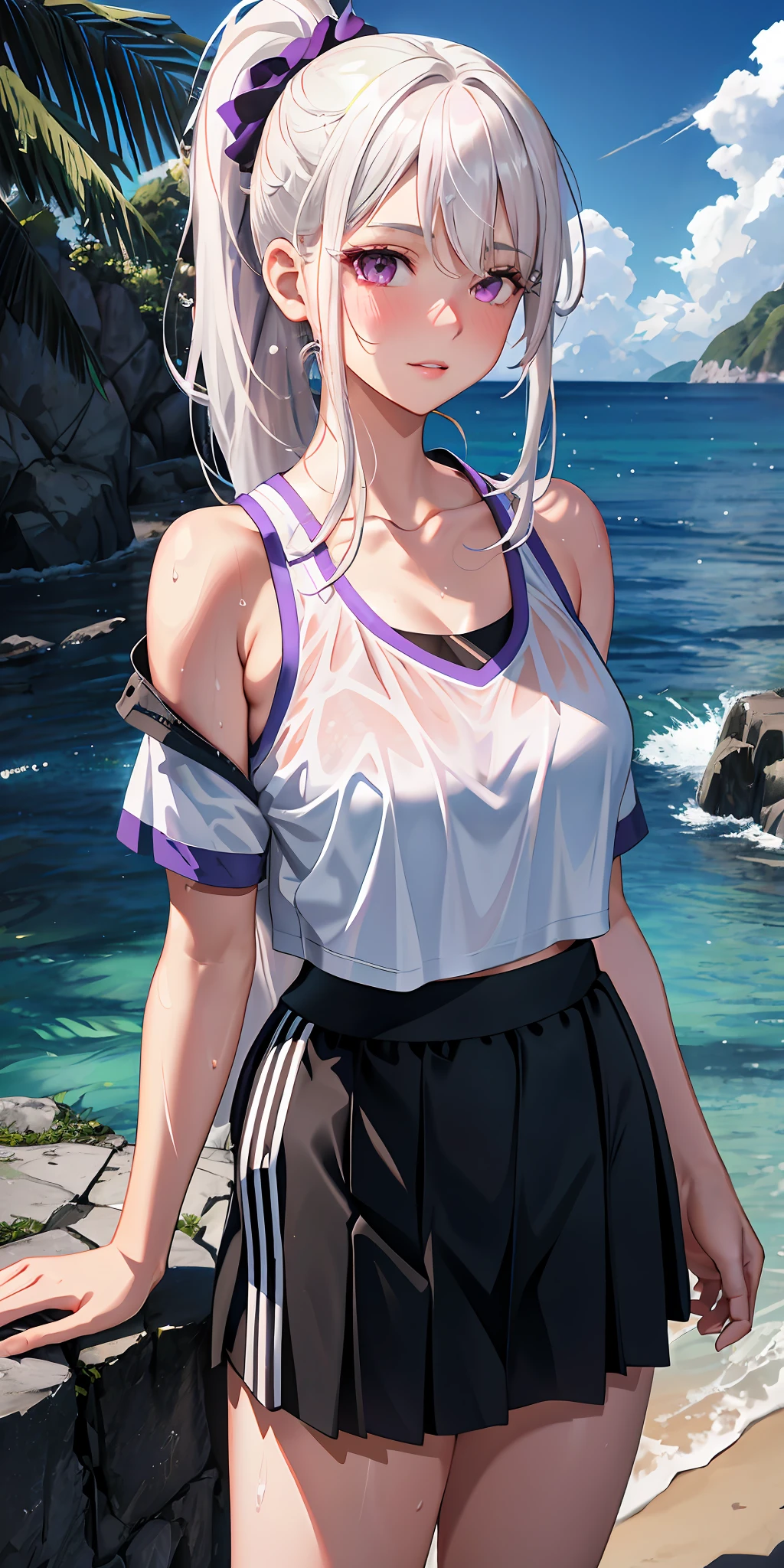 realistic, 1girl, ponytail, parted lips, blush, makeup, light smile, white hair, sportswear, skirt, wet clothes, glow, thighs, purple eye, bare shoulders, collarbone, narrow waist, sunbeam, sunlight, rose, wind, cleavage, (masterpiece), sweat,