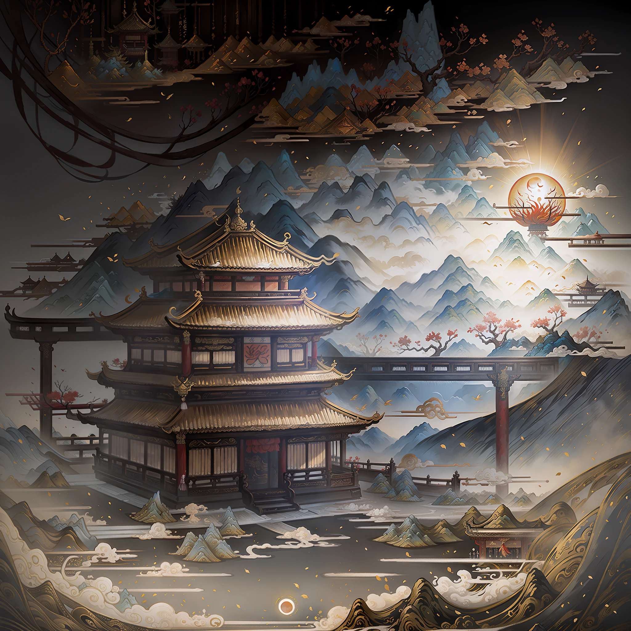 ancient chinese painting, ancient chinese background, mountains, river, auspicious clouds, pavilions, sunlight, masterpiece, super detail, epic composition, ultra hd, high quality, extremely detailed, official art, unified 8k wallpaper, super detail