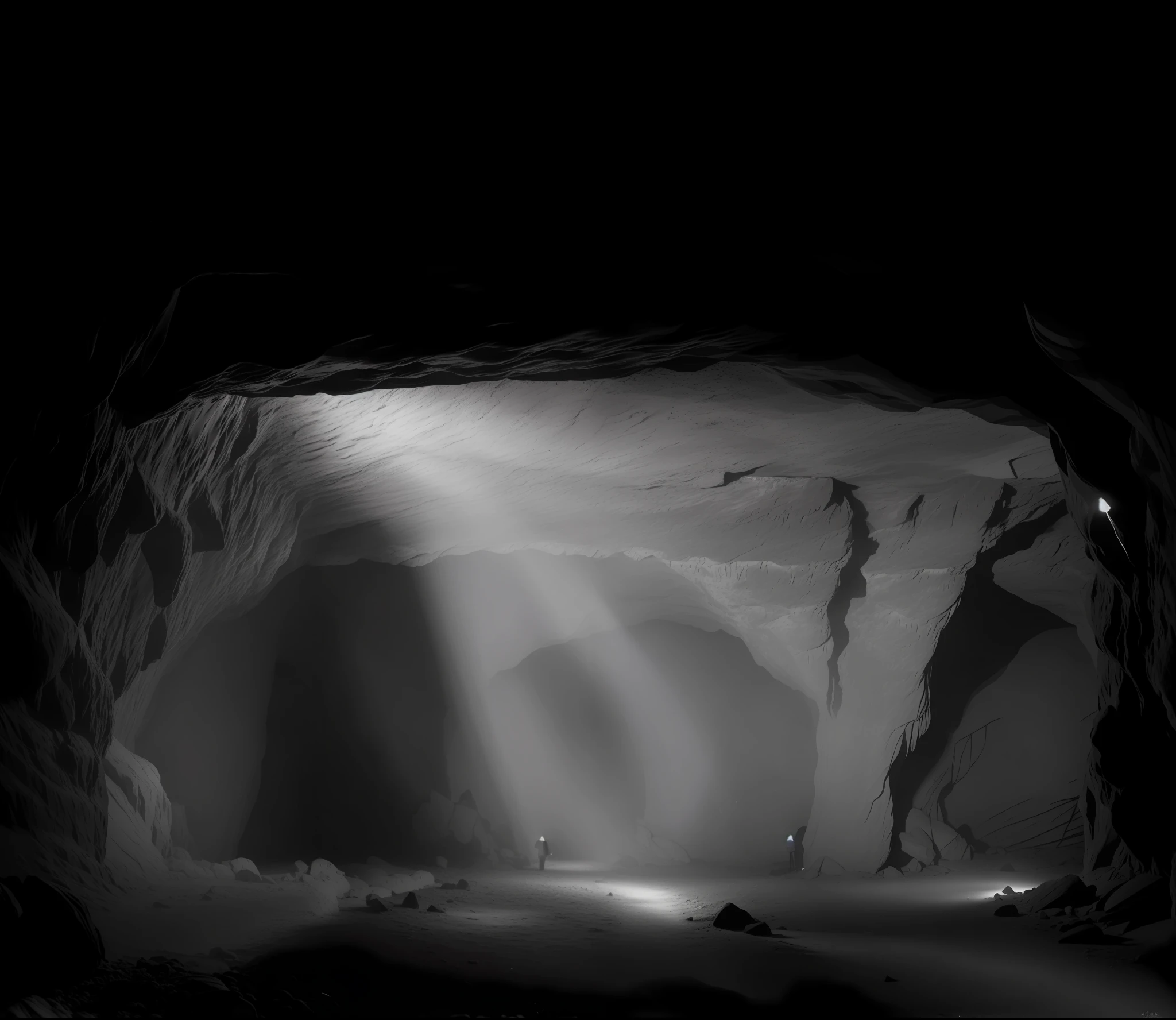 there is a black and white photo of a tunnel with a light coming through it, dark underground cave, inside of a dark cave, an eerie cave, dark cave, dark cave room, in a cave. underexposed, 9 9 9 9 inside of a dark cave, cave, very dark cave, cavernous, cave background
