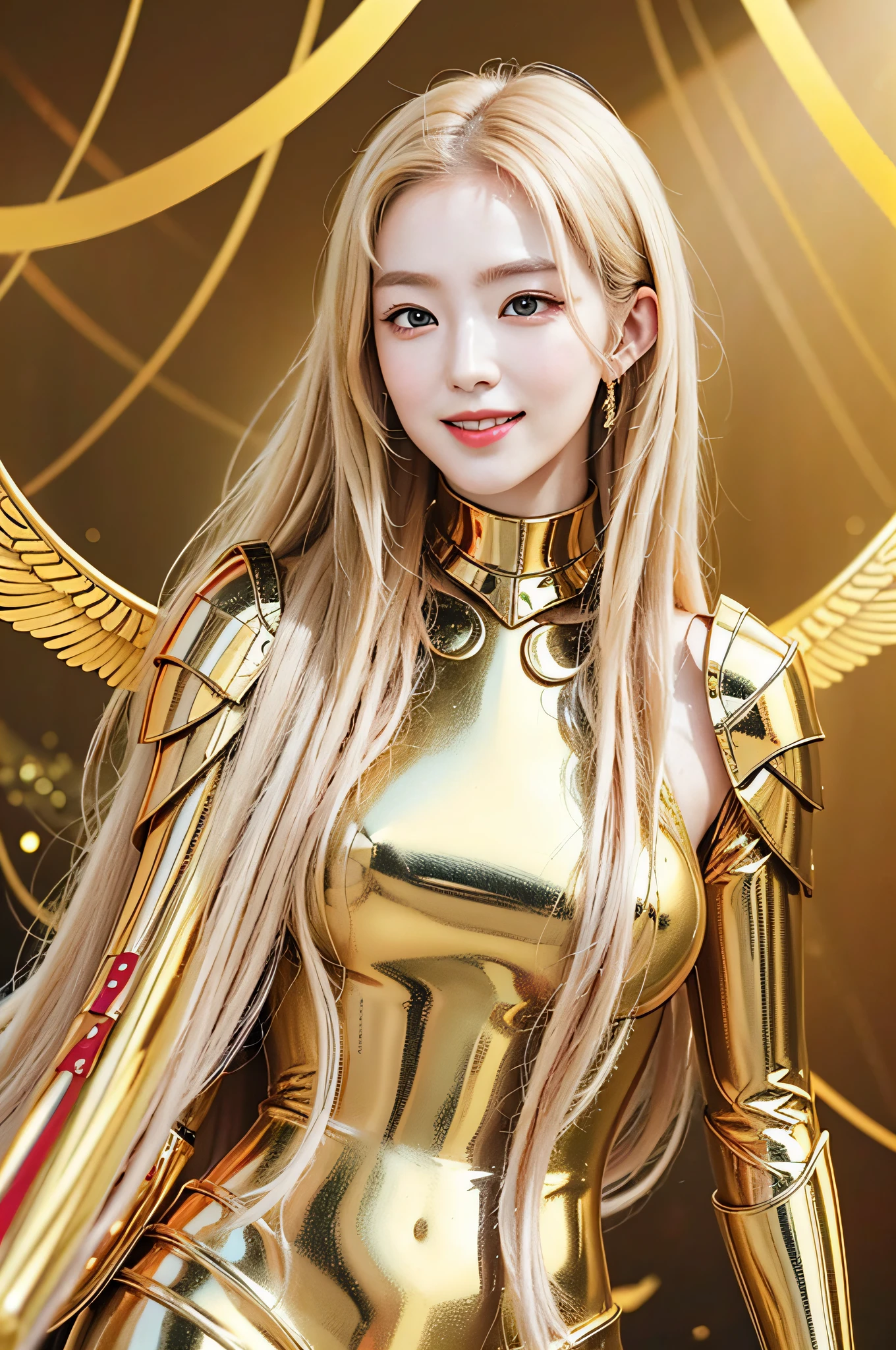 Golden armor, long blonde hair, golden pupils, golden light background, golden transparent wings, smiling, golden eyes, flashing notes around, maiden, golden qi waves