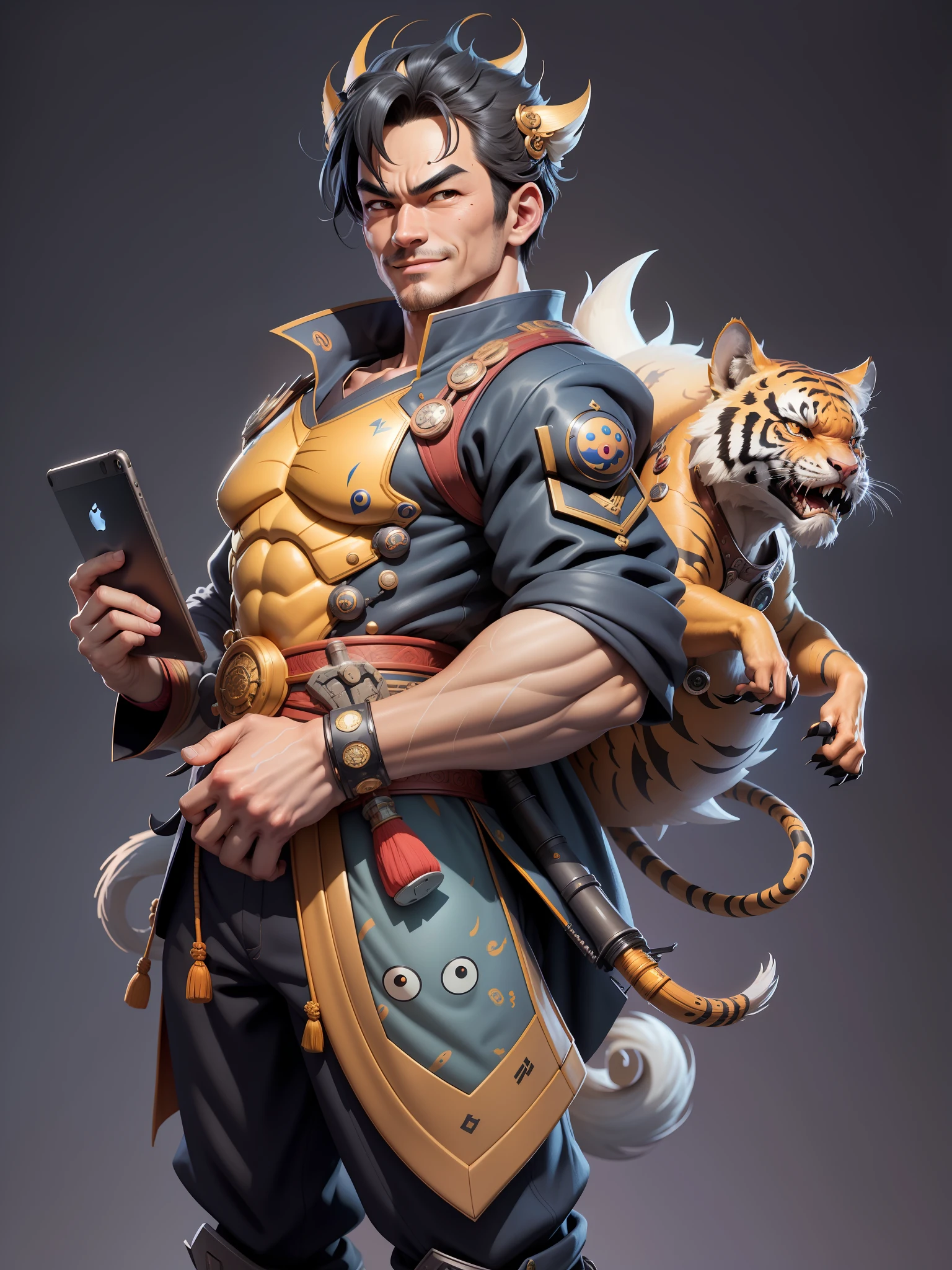 (Masterpiece), (Excellent), (Super Meticulous), (Full Body: 1.2), Super Young Man with Japanese Female Geisha, Beauty, Chinese Dragon, Tiger, Wind God Thor, Sexy, Bursting, Oriental Face, TV Anchor, Bust Portrait Illustration, Black Suit, Blue Tie, Slightly Chubby, Very Clean Face, No Beard, Black Super Short Hair, Black Eyes, Confident Smile, 3c Computer Sub-Products, iPad, iPhone, Digital Painting, 3D Character Design by Mark Claireden and Pixar and Hayao Miyazaki and Akira Toriyama, The illustration is a high-definition illustration in 4K resolution with very detailed facial features and cartoon-style visuals.