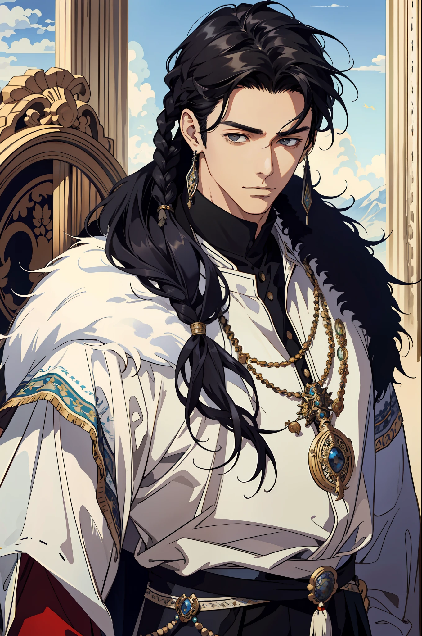 Realistic, (masterpiece, top quality, best quality, official art,), very detailed, most detailed, (1boy:1.3), gods, black hair, mysterious, handsome man, ((nomadic style)), steppe, herdsman, fur coat, ornaments, earrings, single braid