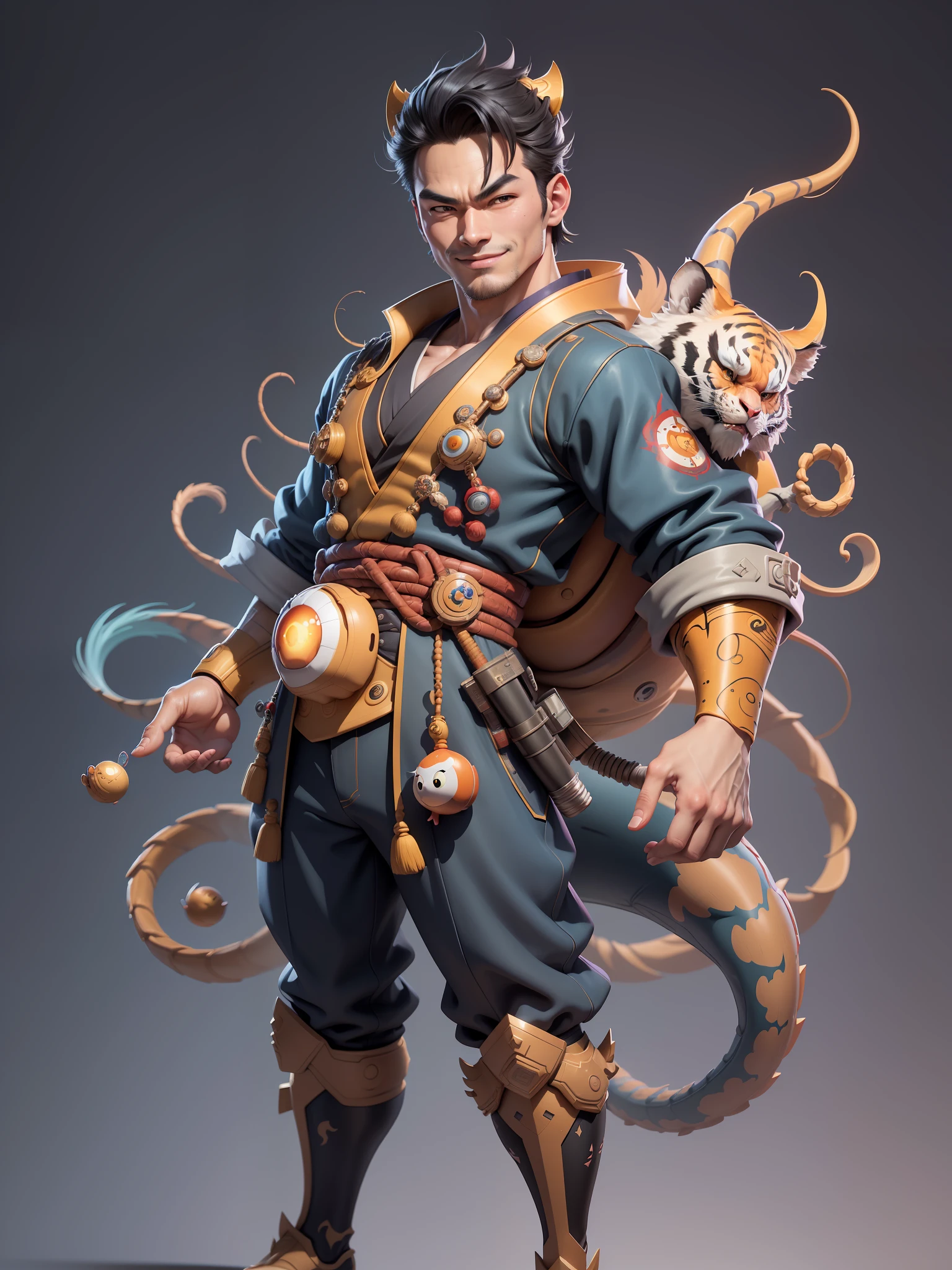 (Masterpiece), (Excellent), (Super Meticulous), (Full Body: 1.2), Super Young Man with Japanese Female Geisha, Beauty, Chinese Dragon, Tiger, Wind God Thor, , Bursting, Oriental Face, TV Anchor, Bust Portrait Illustration, Black Suit, Blue Tie, Slightly Chubby, Very Clean Face, No Beard, Black Super Short Hair, Black Eyes, Confident Smile, 3c Computer Sub-Products, iPad, iPhone, Digital Painting, 3D Character Design by Mark Claireden and Pixar and Hayao Miyazaki and Akira Toriyama, The illustration is a high-definition illustration in 4K resolution with very detailed facial features and cartoon-style visuals.