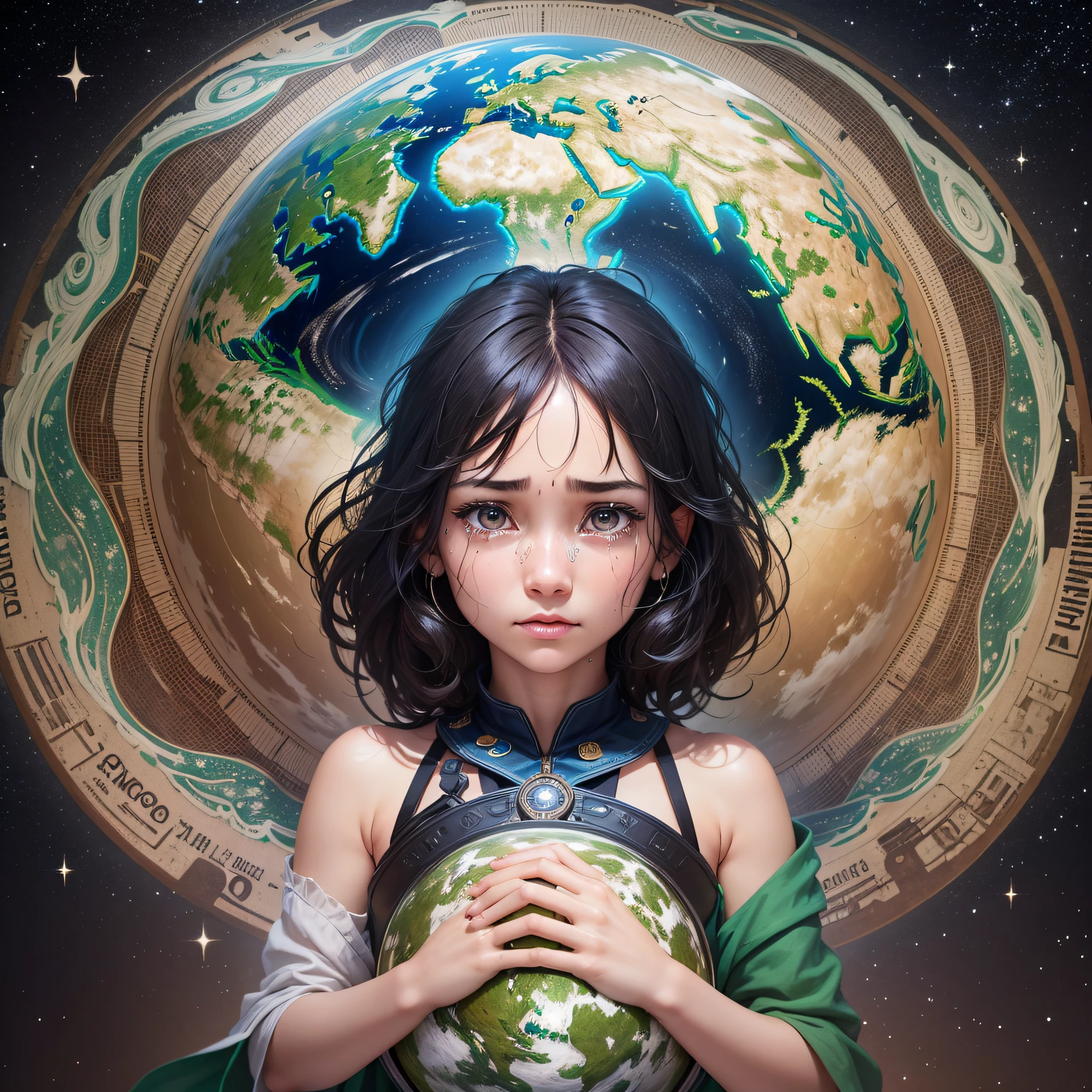 The girl crying holding the earth is an image of strength and determination.

Her short black hair radiates a wanton glow, reflecting her perseverance and bravery. Her eyes are bright and spirited, revealing affection and determination for the earth.

She wears a loose dress with a bright earth motif printed on it, symbolizing her love and desire for the earth. The skirt is also embroidered with a variety of beautiful plants and animals, representing life and ecological diversity on earth.

She clasped the earth with both hands, showing her care and protection. Her stance is firm and steady, conveying her determination and commitment to protect the planet and change the status quo.

She had a determined expression on her face, tears streaming down the corners of her eyes, but her face was also radiant with determination. The background behind her is a bright starry sky, symbolizing her dreams and hopes, motivating her not to give up her efforts.

The eyes of the girl crying holding the earth revealed pain and anger about the current state of the earth. She is a reformer of the global environment, representing human reflection and action on environmental destruction.

It's a reminder to confront the planet's problems and take action to change the situation. She inspires people to come together to protect the planet and work for its sustainable development. She demonstrates humanity's power to cling to hope and change, bringing hope and light to the future of the planet. --auto --s2