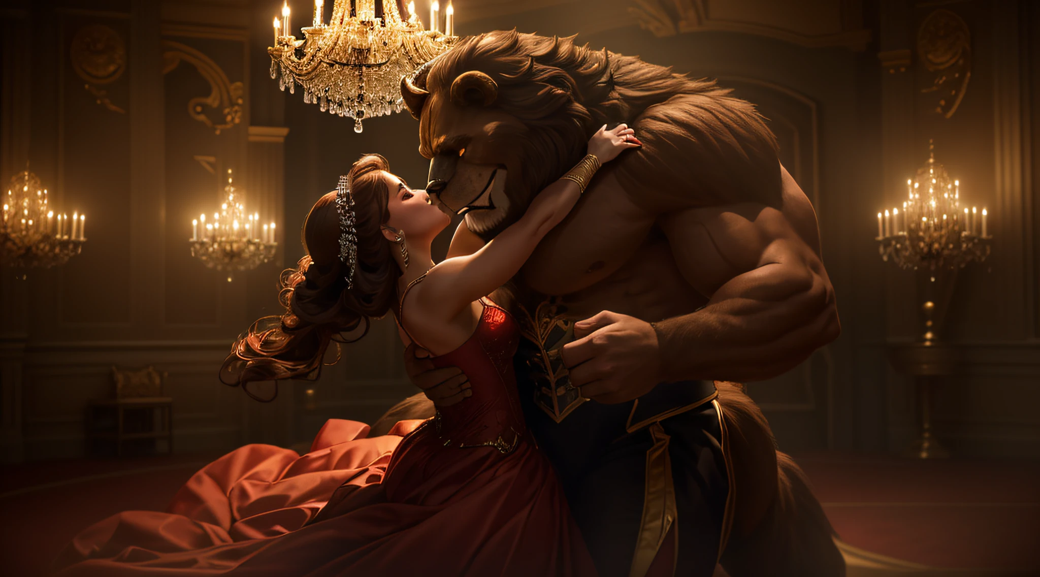 A captivating photograph that captures the essence of a woman and the Disney Beast dancing together in a timeless embrace, reminiscent of Disney's enchanting days in the 90s. The woman is dressed in an elegant ball gown, exuding grace and beauty, while the Beast, a muscular, hairy monster is depicted in his majestic, transformed state, exuding a mixture of strength and brutality. The photograph is taken in a large ballroom with sparkling chandeliers overhead, creating a magical atmosphere. The lighting is soft, accentuating their movements and highlighting their joyful, romantic expressions. The photo captures the classic Disney aesthetic with vibrant colours and a touch of nostalgia, bringing the beloved characters and their iconic dance to life in a high-quality, visually stunning way. The shot was taken using a professional DSLR camera and prime lens (50mm or 85mm) to capture the intricate detail and depth of field, emphasising the bond between the two characters.
