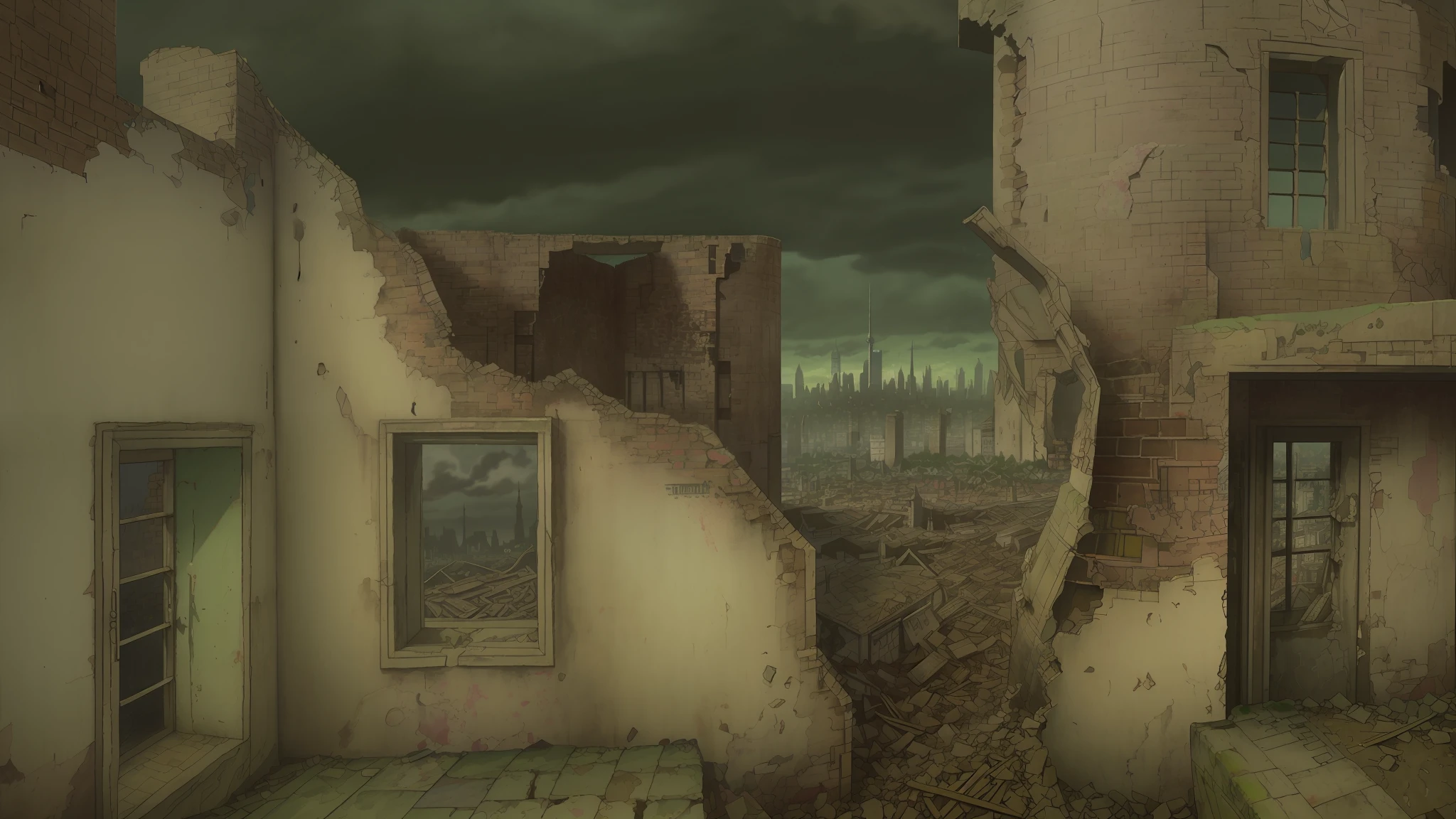 There is a picture of a city with a bell tower in the middle, in a ruined cityscape, destroyed cityscape, outdoor ruined cityscape, a city in ruins, a post-apocalyptic city, a post-apocalyptic view, a destroyed city, an apocalyptic city, a post-apocalyptic city, a ruined city in the background, An abandoned dystopian city, gloomy, night,