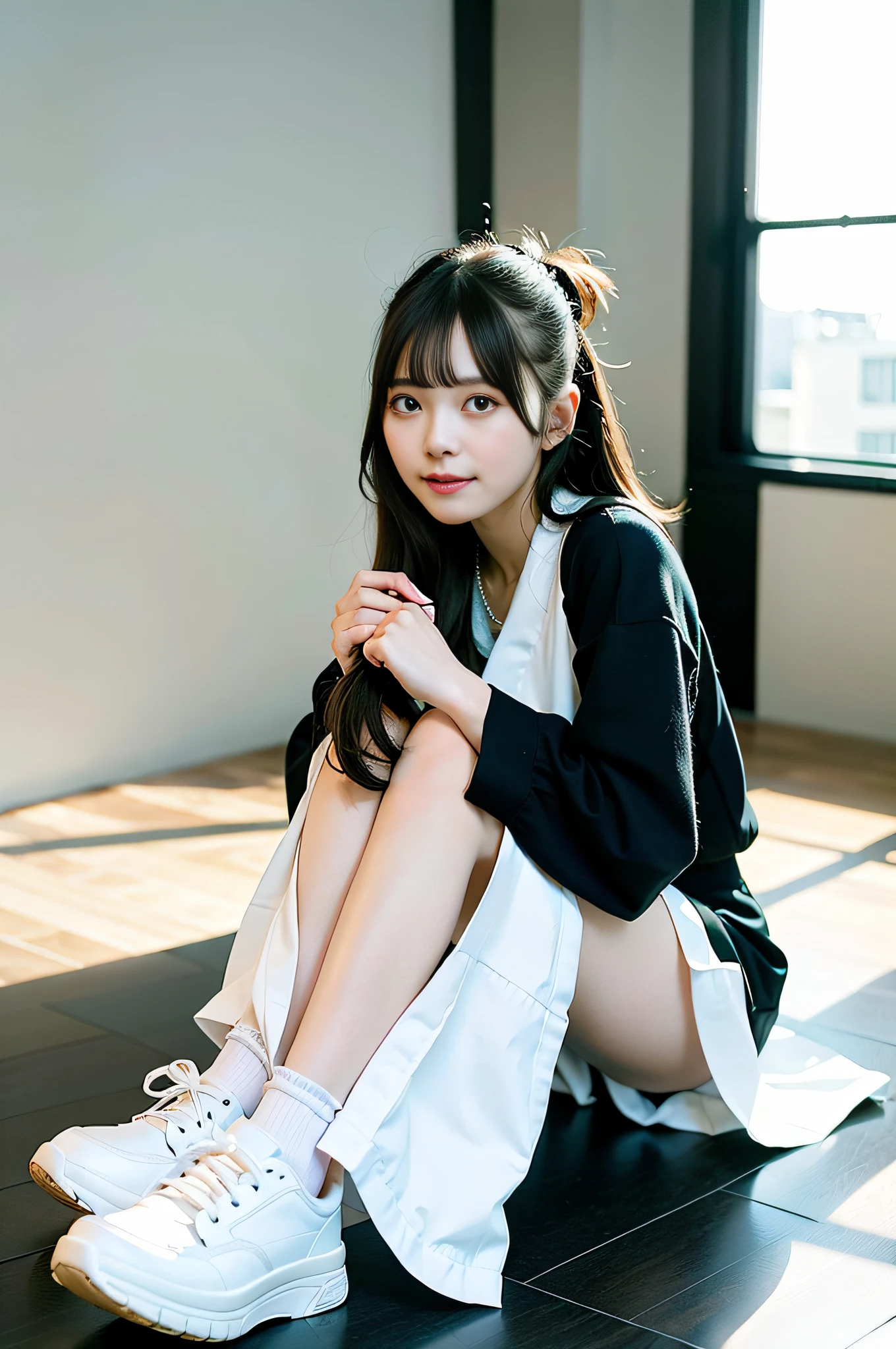 arafed woman sitting on the floor with her legs crossed, white background : 3, fashion portrait photo, close - up studio photo, a cute young woman, portrait of female korean idol, 奈良美智, beautiful portrait photo, marketing photo, chiho, of a youthful japanese girl, style of yoshii chie, fullbody photo