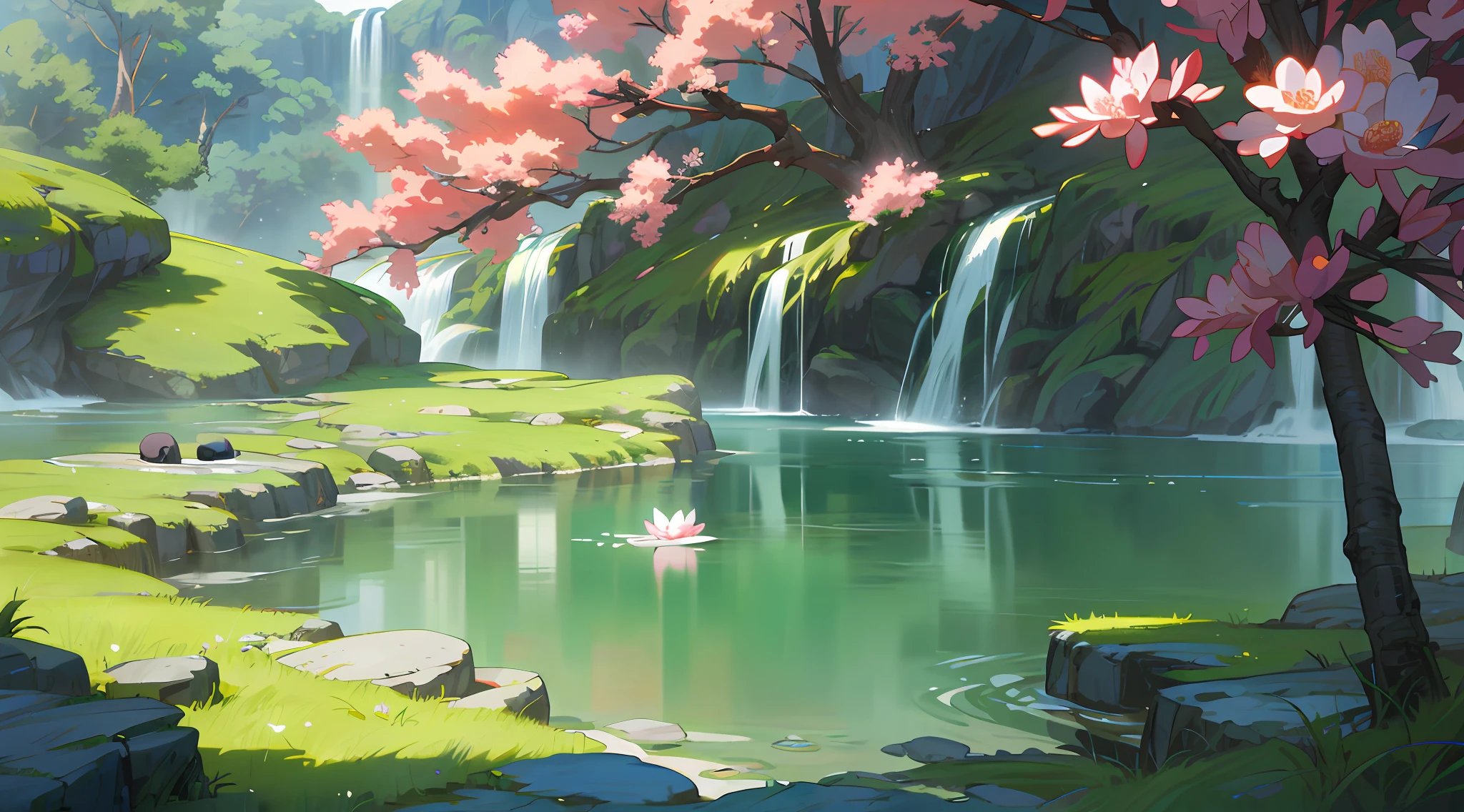 Chinese ancient times, spring, jungle, lake, cave, waterfall, tree, meadow, rock, deer, hot spring, water vapor, (illustration: 1.0), epic composition, realistic lighting, HD details, masterpiece, best quality, (very detailed CG unified 8k wallpaper)