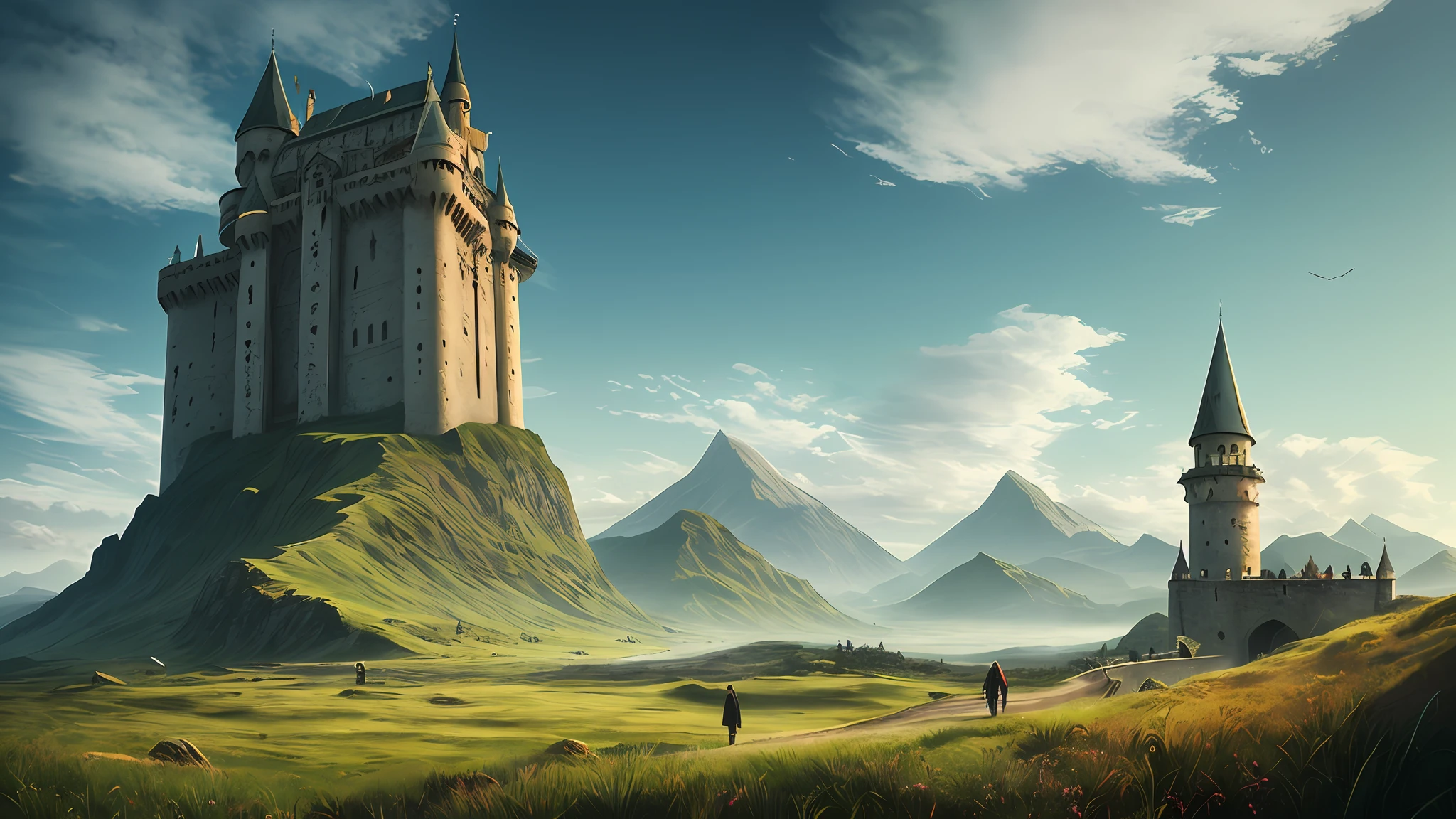 ConceptArt, landscape, person, outdoors, clouds, sky, castle, bridge, grass, tower, building, mountains, cloudy sky, scenery, day, Exodus_Style