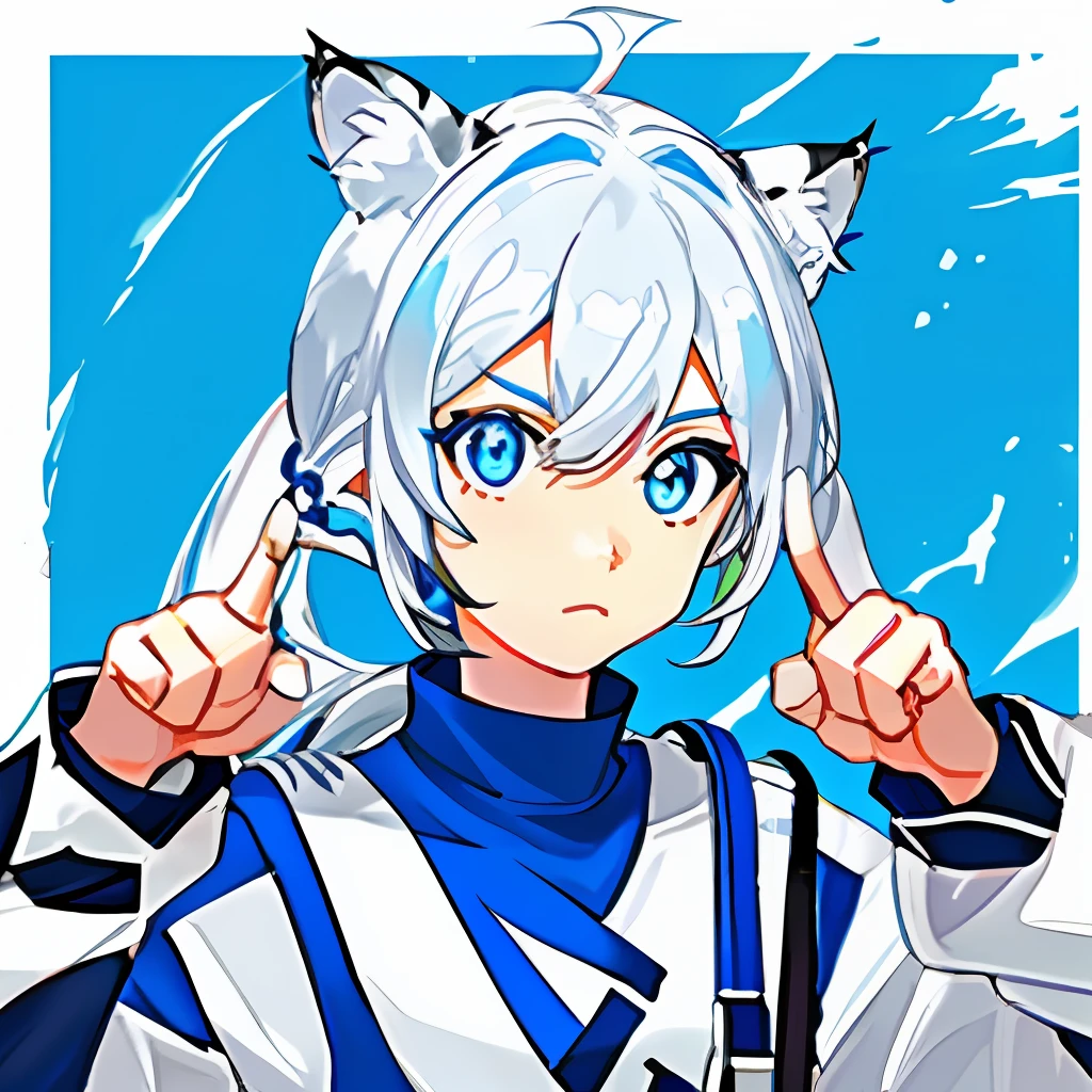 White double ponytail, sky blue eyes, small tiger teeth, cat ears, blue and white sweatshirt