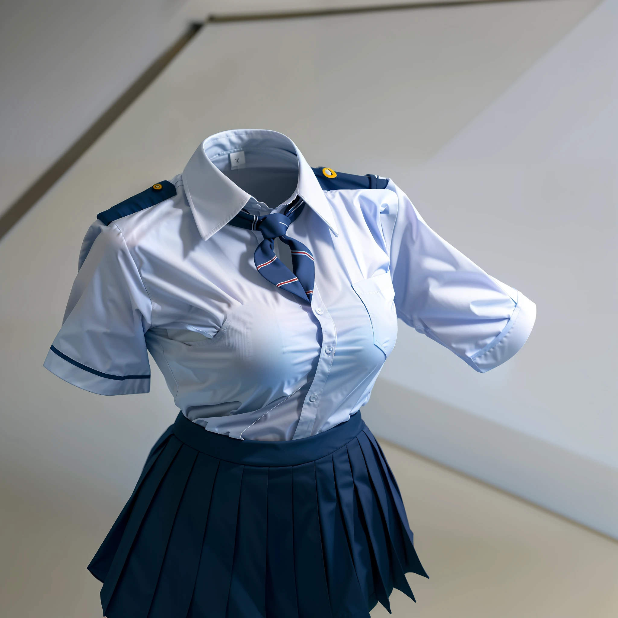 hanger school uniforms raise their sleeves as if invisible girl wear them, school uniforms swell as if possessed by invisible girls, school uniforms have huge breasts and cleavage, (((no humans))), (headless), (faceless), invisible girls, short sleeves, very short skirt, from above