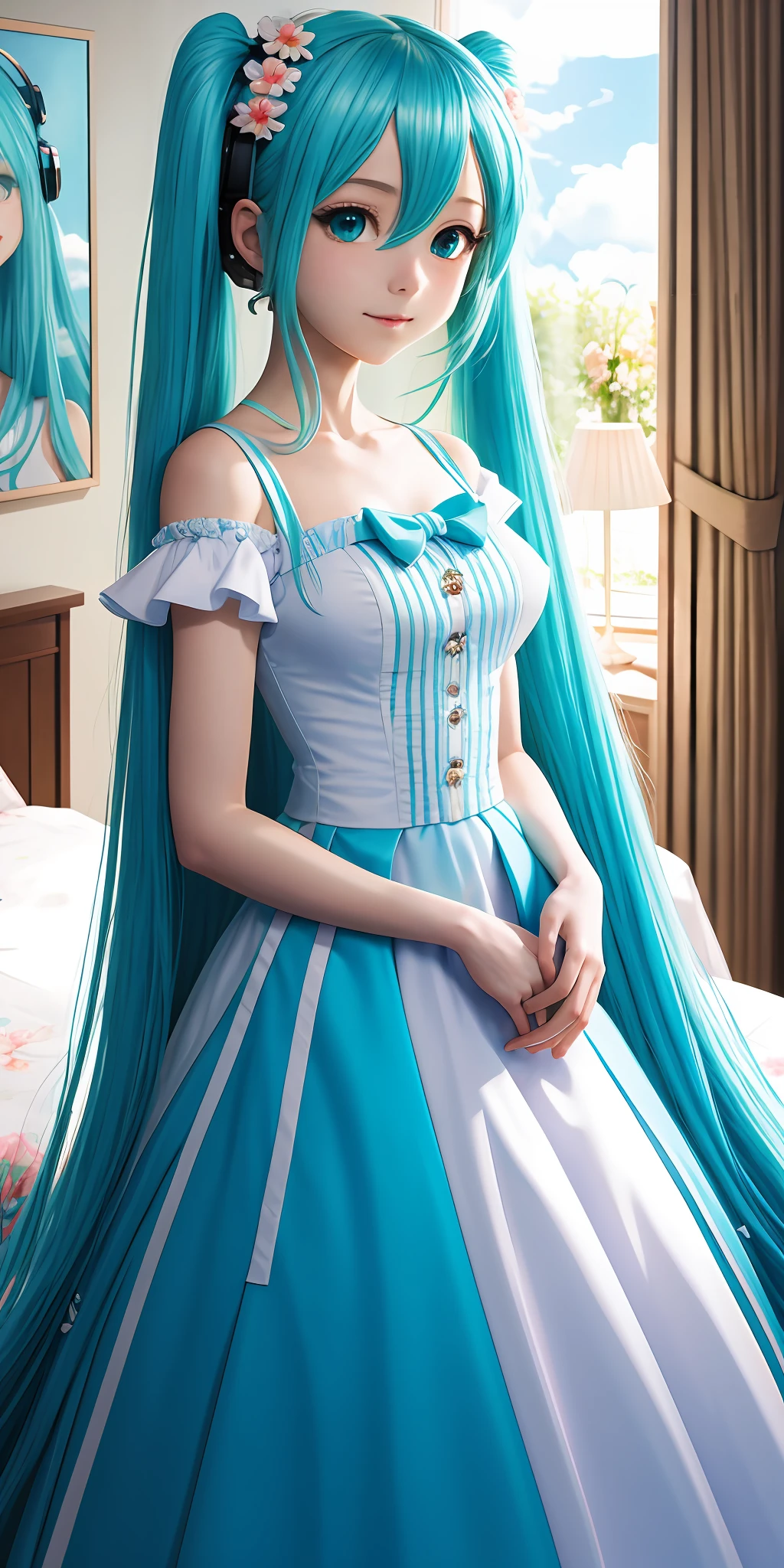 Masterpiece, best quality, official art, 8k wallpaper, very detailed, illustration, 1 girl, sky blue hair, hatsune miku, bedroom, dress