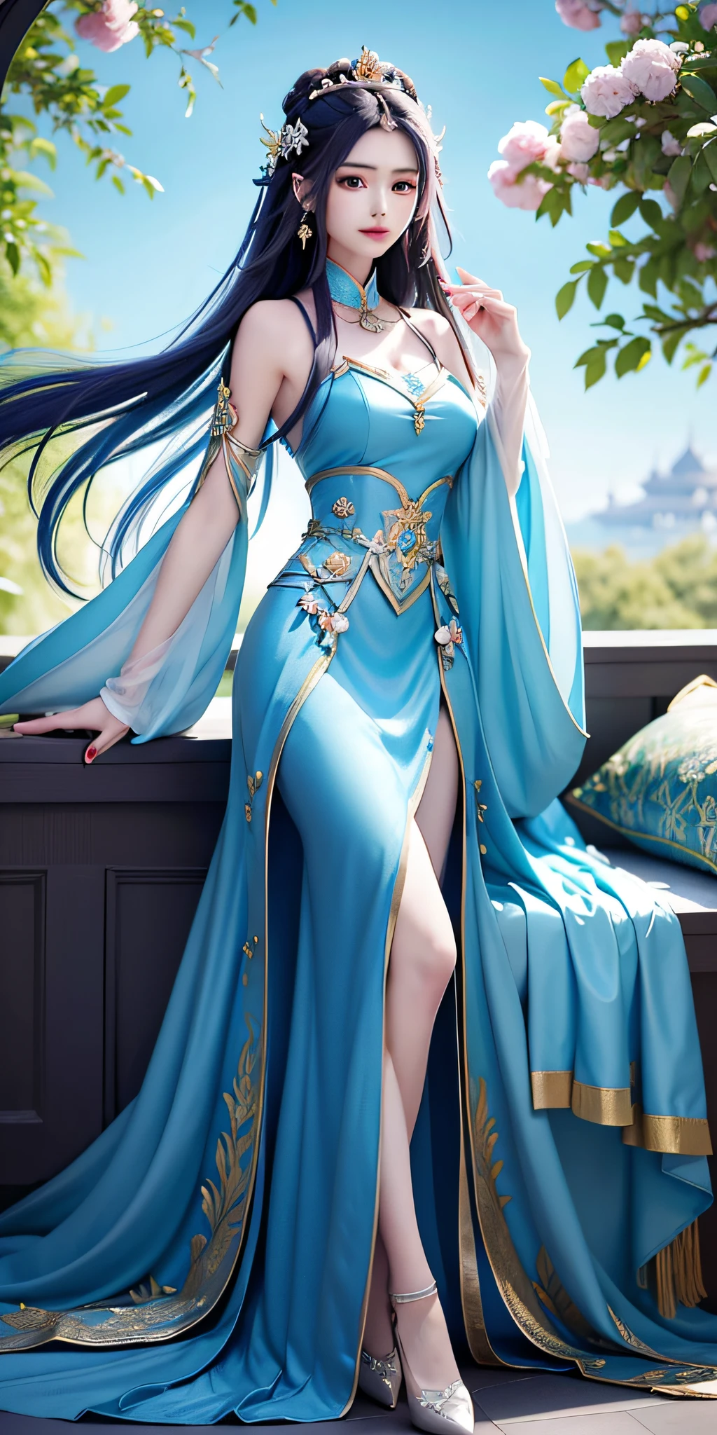 painting of a woman in a blue dress holding a fan, alice x. zhang, beautiful fantasy maiden, by Leng Mei, by Chen Lin, beautiful fantasy art, ((a beautiful fantasy empress)), a beautiful fantasy empress, beautiful character painting, by Li Song, inspired by Lan Ying, beautiful maiden, very beautiful fantasy art, fantasy woman, fantasy style art