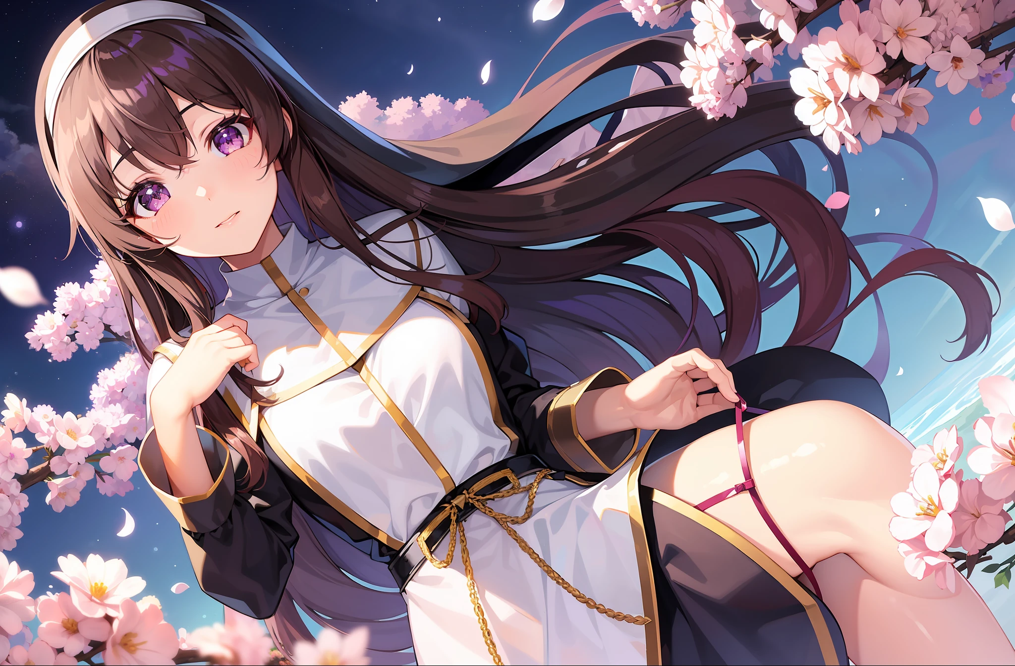 1 girl, Kisaragi from Kancolle, sparkling eyes, beautiful hands, highly detailed hands, straight hands, (masterpiece), best quality, nun outfit, standing, small breasts, purple eyes, shiny brown hair, purple flower in hair, tall, long hair, straight hair, hair between eyes,