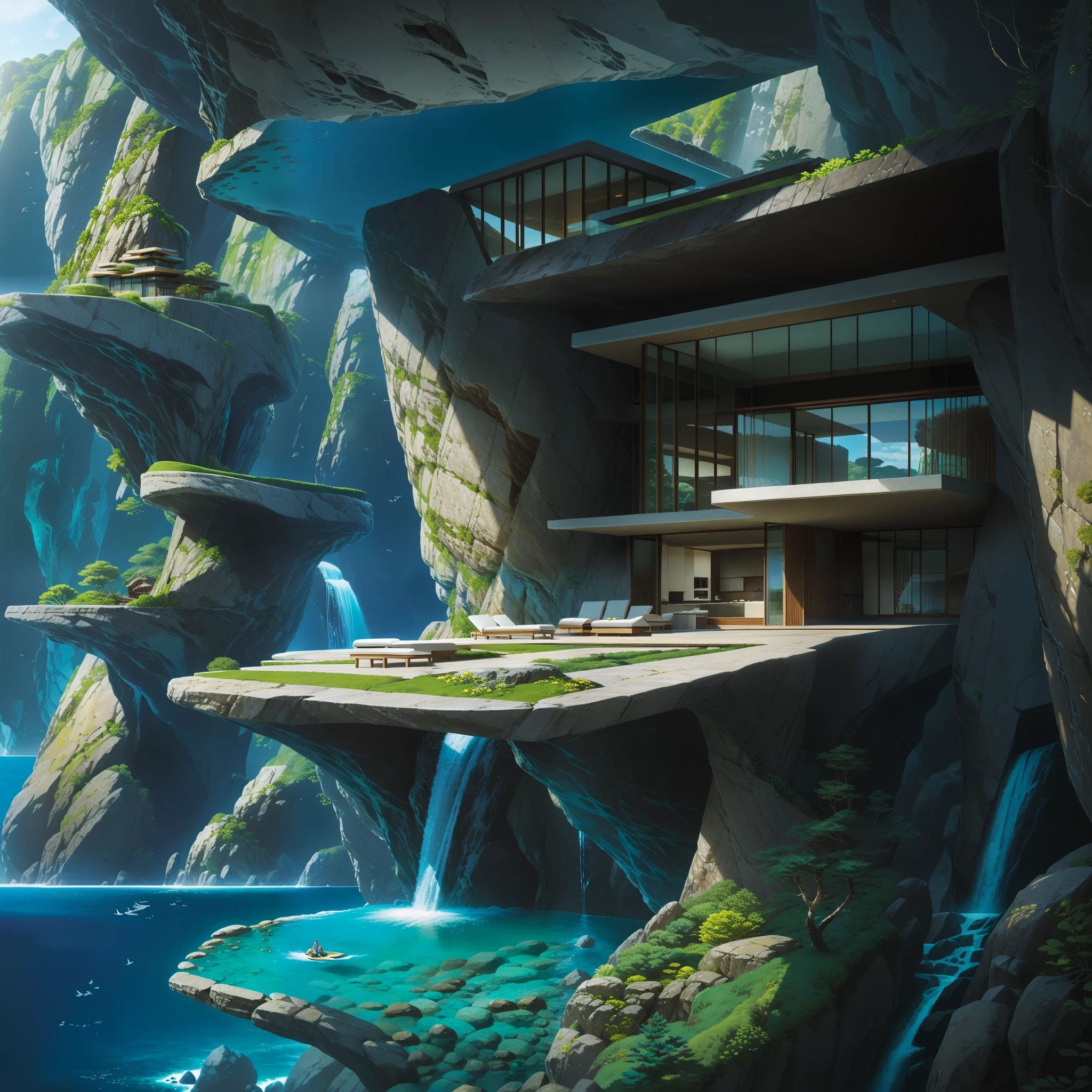 a modern futuristic design large cliff House's with a artificial waterfall and a pool in the middle, nature meets architecture, built around blue ocean, realistic beehive architecture, organic architecture, very close to real nature, breathtaking render, island with cave, stunning architecture, luxury architecture, realistic fantasy render, by Zha Shibiao, epic and stunning, architectural visualization, epic architecture, concept art. 8 k
