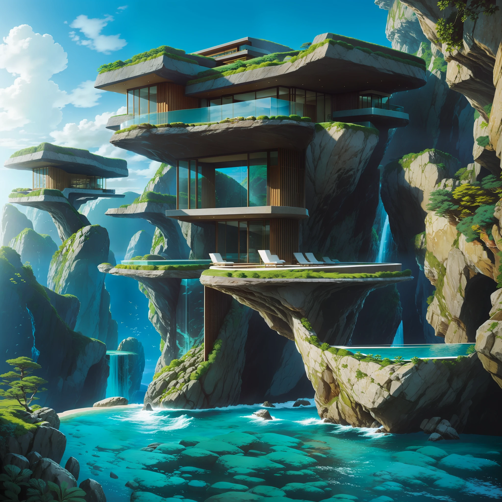 a modern futuristic design large cliff House's with a artificial waterfall and a pool in the middle, nature meets architecture, built around blue ocean, realistic beehive architecture, organic architecture, very close to real nature, breathtaking render, island with cave, stunning architecture, luxury architecture, realistic fantasy render, by Zha Shibiao, epic and stunning, architectural visualization, epic architecture, concept art. 8 k