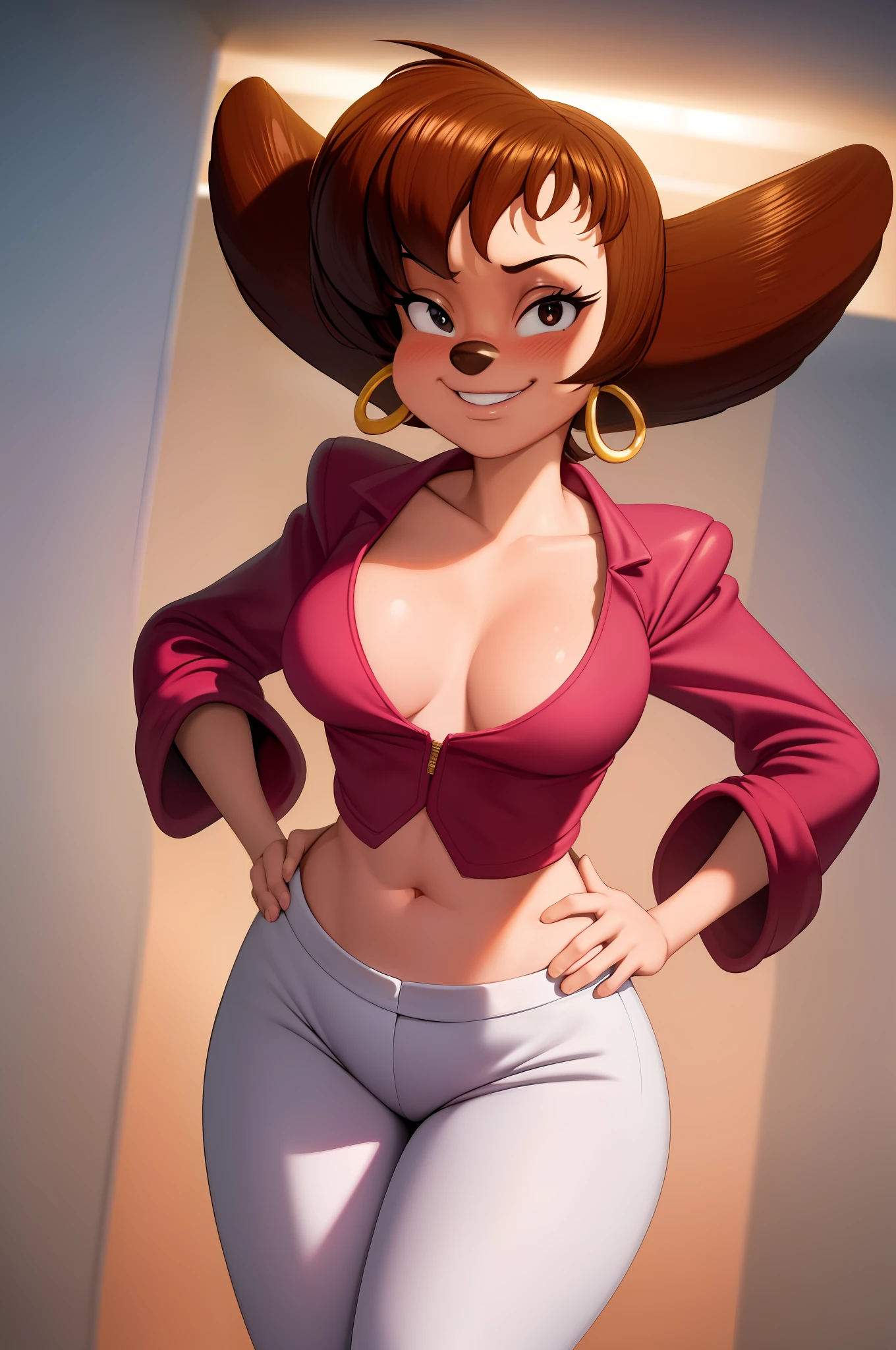 masterpiece, best quality, one girl, solo, detailed face, looking at the viewer, black eyes, gold hoop earrings, small breasts, 5 fingers, seductive smile, formal background, detailed skin texture, (blush: 0.5), (goosebumps: 0.5), subsurface scattering, detailed skin texture, (blush: 0.2), (goosebumps: 0.3), subsurface scattering, sexual expression, jeans, stockings, portrait, covering breasts with hands, pink bra, crop top
