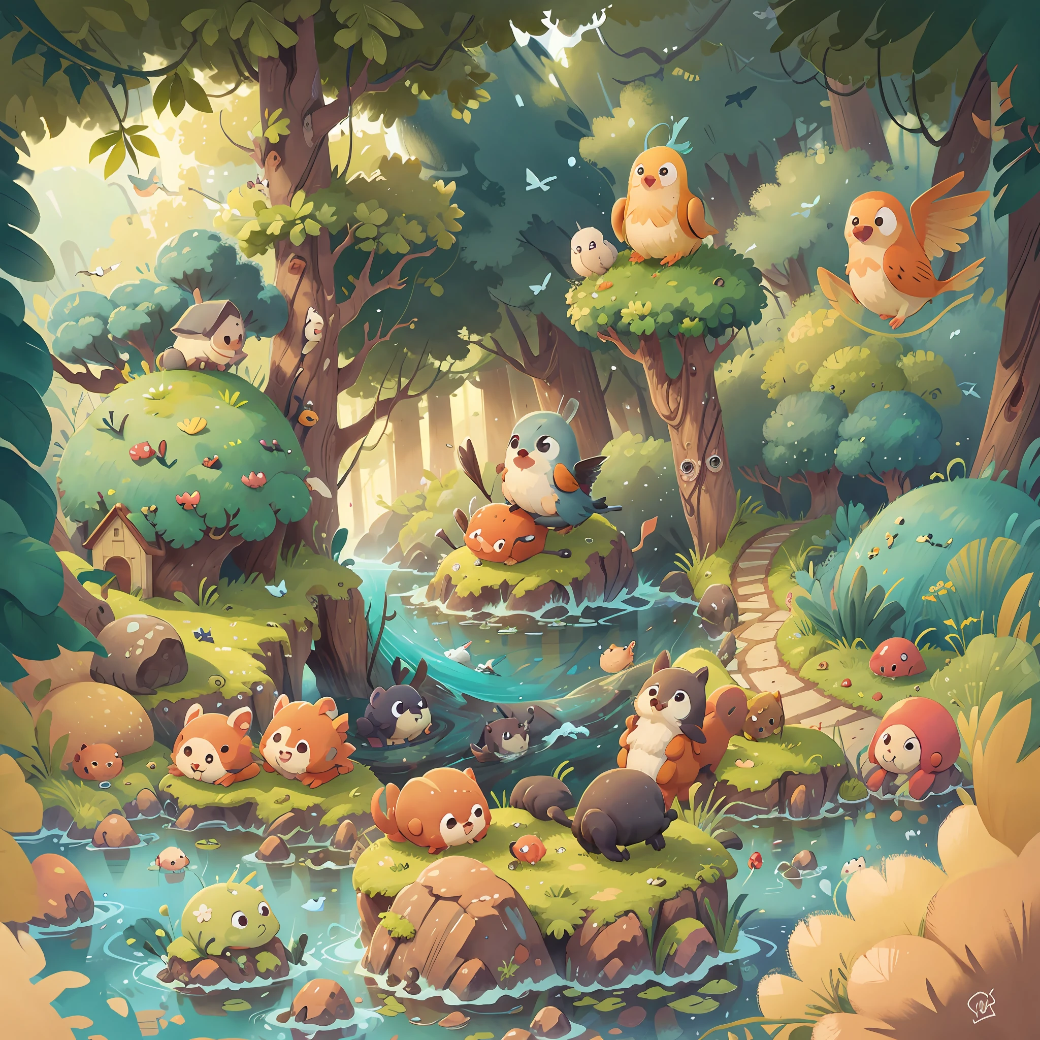 Many animals move towards the silent island, including flying birds and cheerful fish