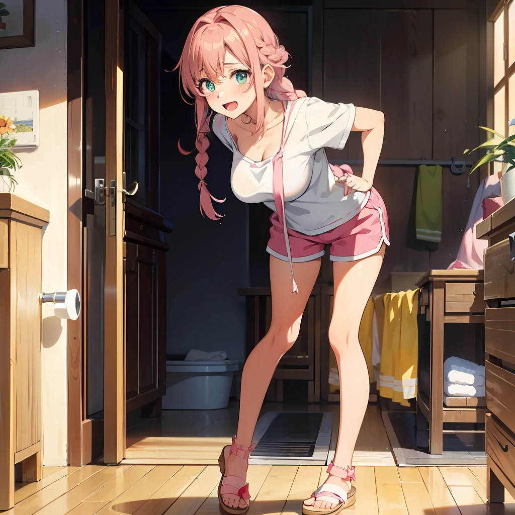 Anime illustrations in the style of "Kyoto Animation", highest quality, (cute: 1.1), (cute), (high resolution: 1.2), incredibly ridiculous: 1.3, incredibly fine illustrations, break 1 beautiful girl, Solo, (heterochromia, light blue eyes and light green eyes), silhouette of star eyes, solo, standing figure, happy, :d, princess eyes, big breasts, break, braid, light pink hair, semi-long hair, red ribbon at the end of braid, break, Pink t-shirt wet with sweat, black shorts, towel around neck, bathroom, washing the backs of elderly people, foam foam, sandals