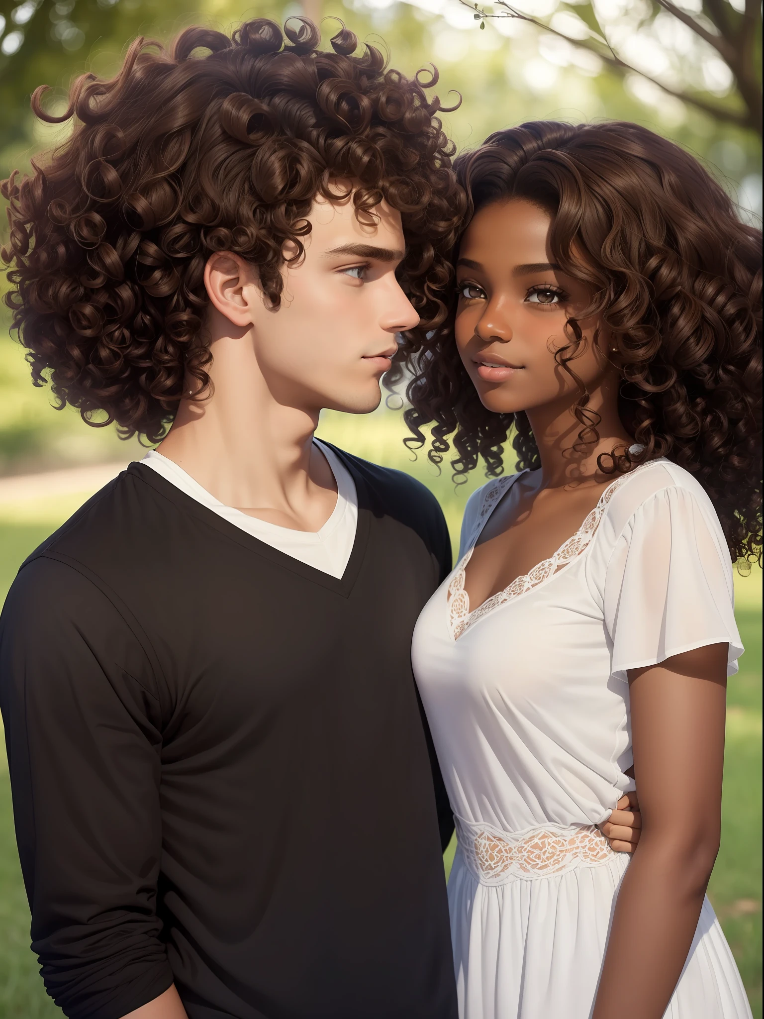 (Romantic Couple:1.2), (1 Dark-skinned girl with curly hair:1.3), (1 White Boy with brown hair:1.3)
