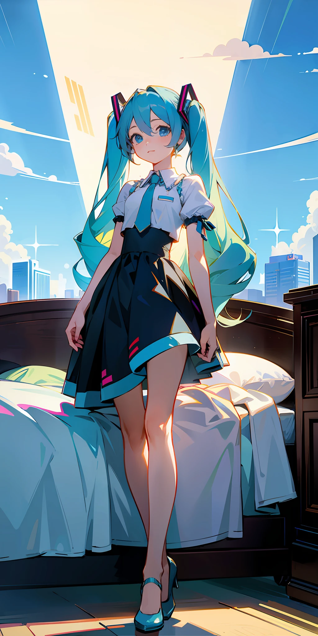 Masterpiece, best quality, official art, 8k wallpaper, very detailed, illustration, 1 girl, sky blue hair, hatsune miku, bedroom, dress