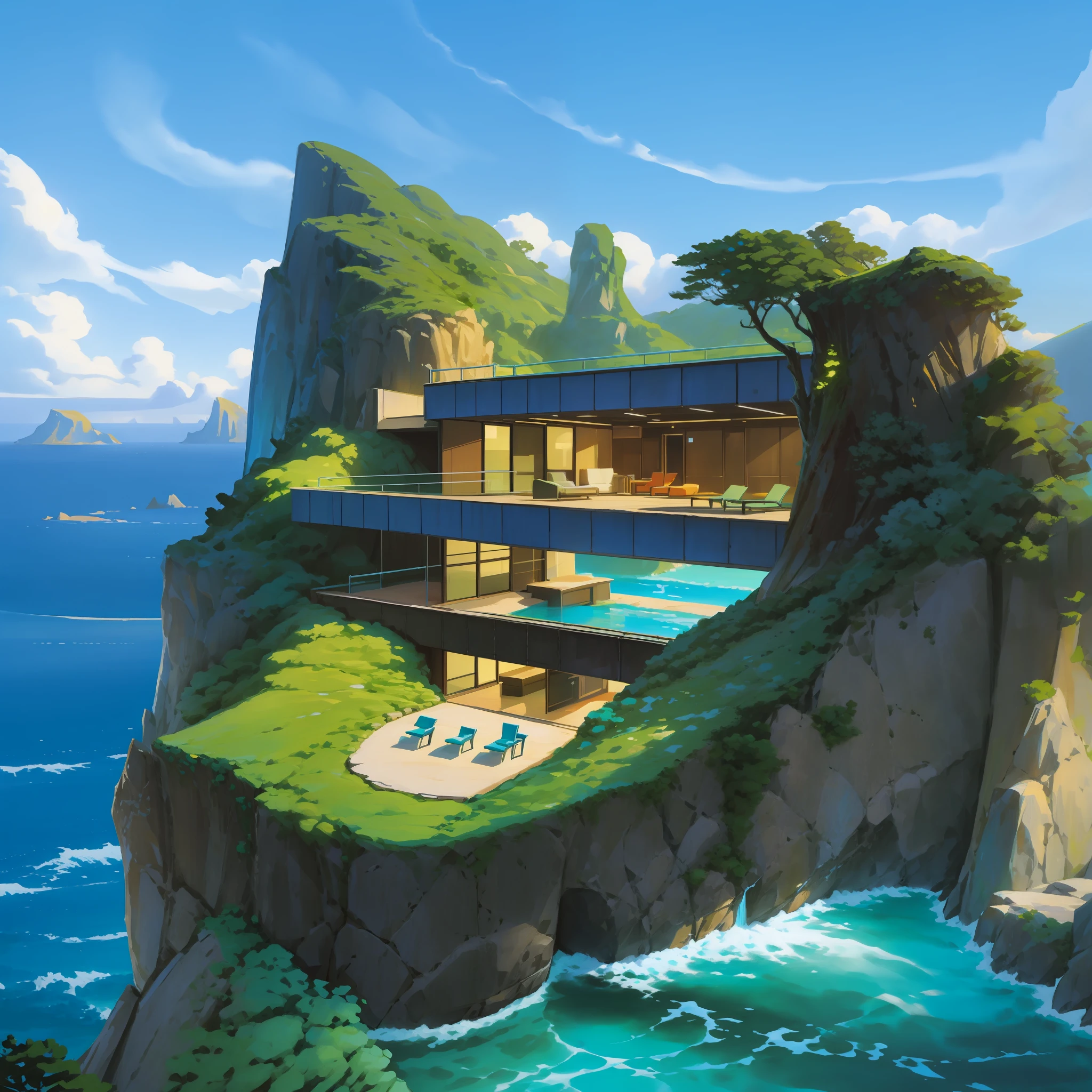 a modern futuristic design large cliff House's with a artificial waterfall and a pool in the middle, nature meets architecture, built around blue ocean, realistic beehive architecture, organic architecture, very close to real nature, breathtaking render, island with cave, stunning architecture, luxury architecture, realistic fantasy render, by Zha Shibiao, epic and stunning, architectural visualization, epic architecture, concept art. 8 k