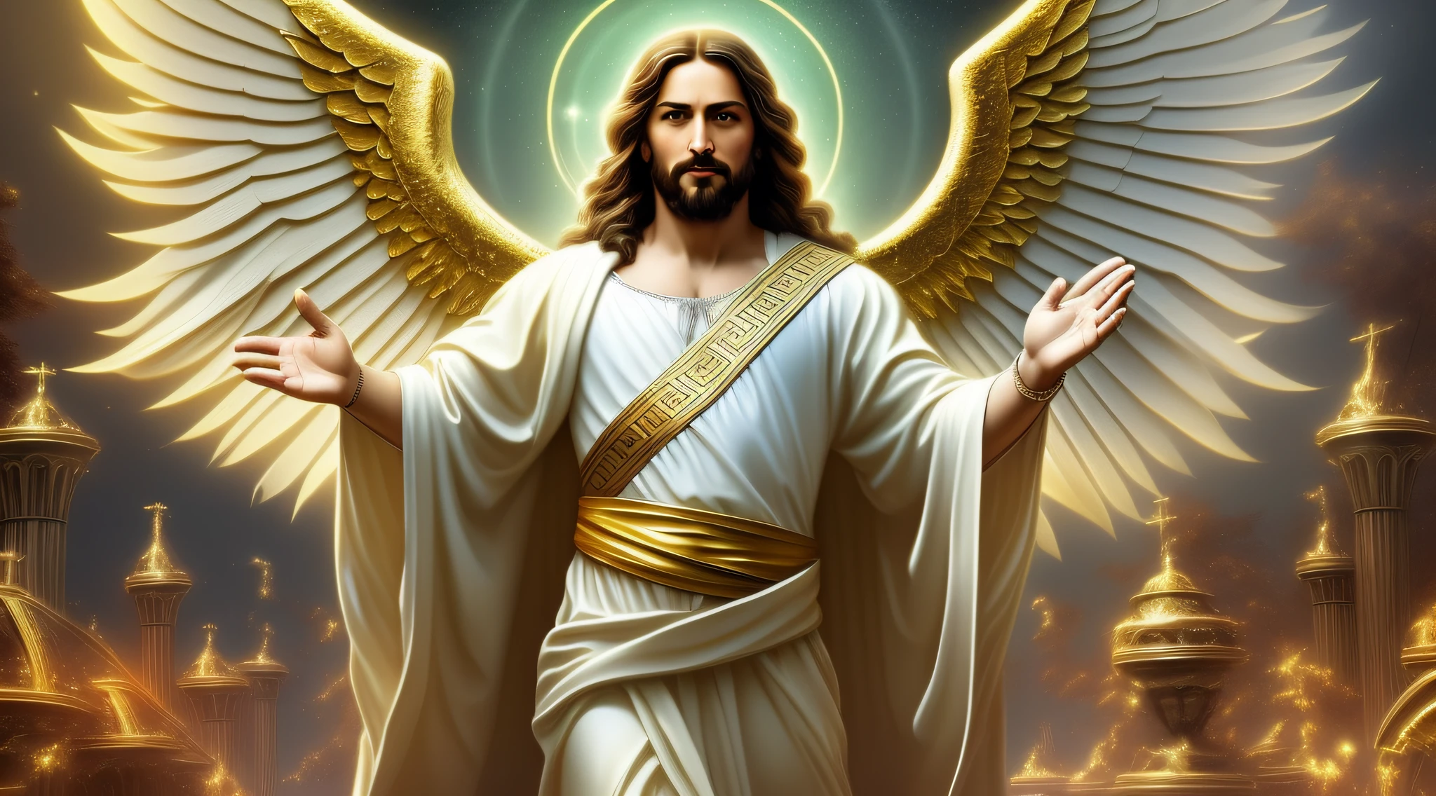 (Jesus is happy holding a white lamb with his right arm, Jesus wears a golden crown, Jesus is dressed as a powerful Greek god, Jesus comes from a futuristic city floating in the sky, angels and heavenly figures fly near him, he is blessing with his perfectly detailed human hands and is making his classic gesture inspired by famous paintings),  ((masterpiece, high quality, 8K, high resolution, detailed piece, realistic, full body front view, cinematic lighting, bio-luminescent filter))
