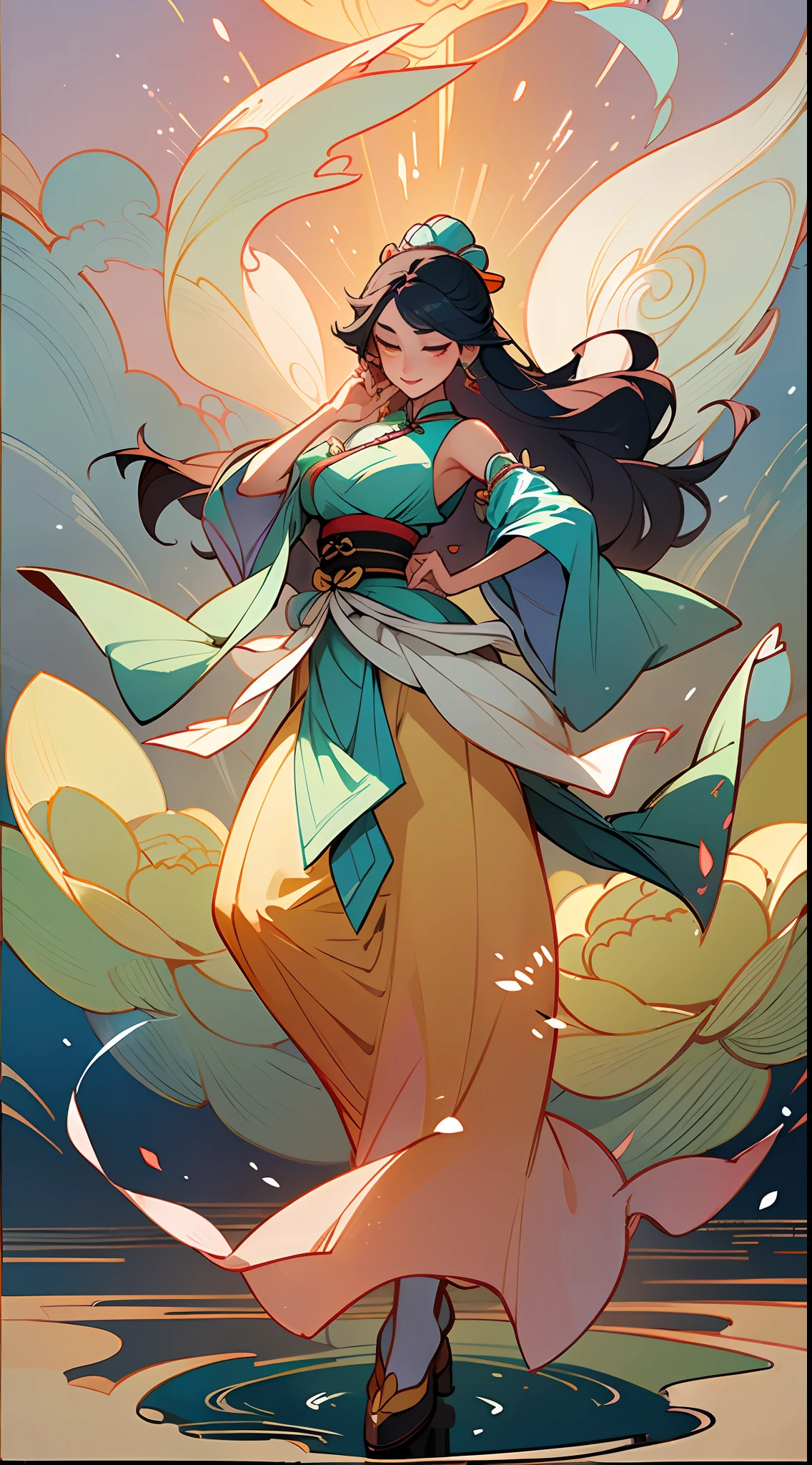 ((High-quality CG, Chinese painting style), (one woman), full body picture, character standing painting, a beautiful fairy dancing in the magnificent sky, beautiful and gorgeous posture, beautiful appearance like a flower, dressed in gorgeous clothes, like the first bloom of snow lotus, eyes shining with happiness, full of light, brilliant magic array surrounding, containing oriental aesthetics, gorgeous fairy clothes, exquisite posture, long hair like a waterfall, white light flashing, dreamy clouds. --auto --s2