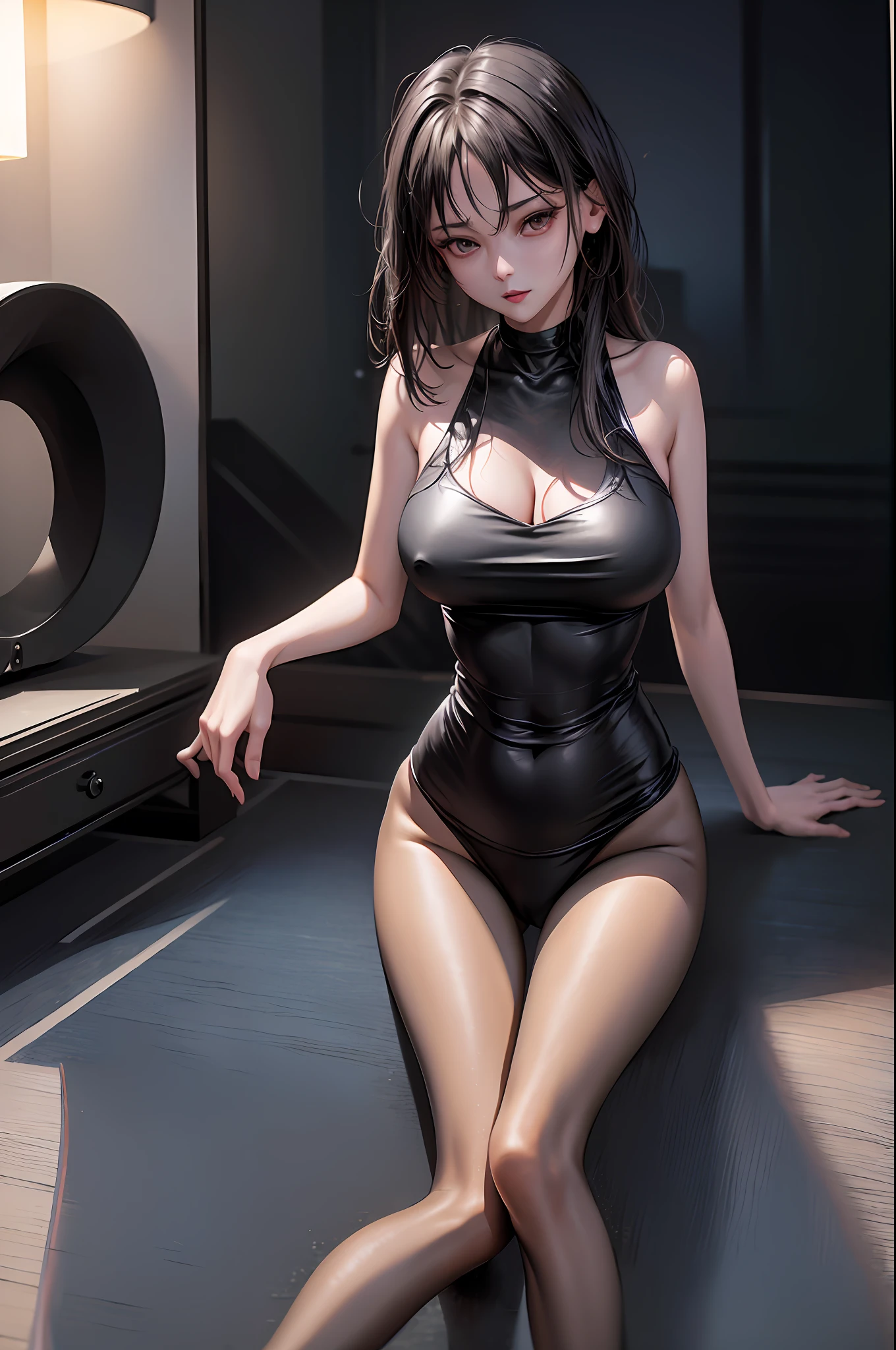 (RAW photo), highest quality, (masterpiece:1.2), High detail RAW color photo, extremely detailed CG unity 8k wallpaper, (photo realism:1.4), (highres), hyperdetailed, (photorealistic:1.2), (best quality:1.3),perfect anatomy, black hair, (leggings), beautiful legs, model pose, realistic body,beautiful detailed girl, bodysuit