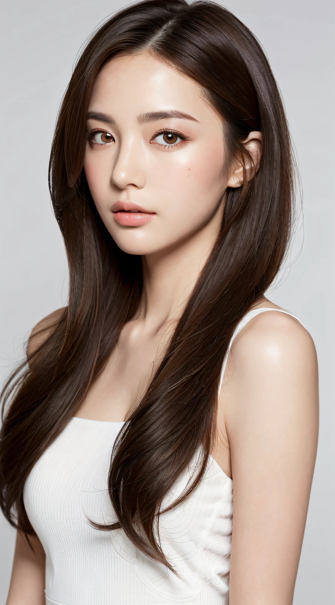 (Best Quality, High Resolution, Masterpiece: 1.3), A Beautiful Woman with Slim Figure, Highly Detailed Dark Brown Hair, White Dress, Highly Detailed Face and Skin Texture, Detailed Eyes, Double Eyelids, White Background, Upper Body Complete