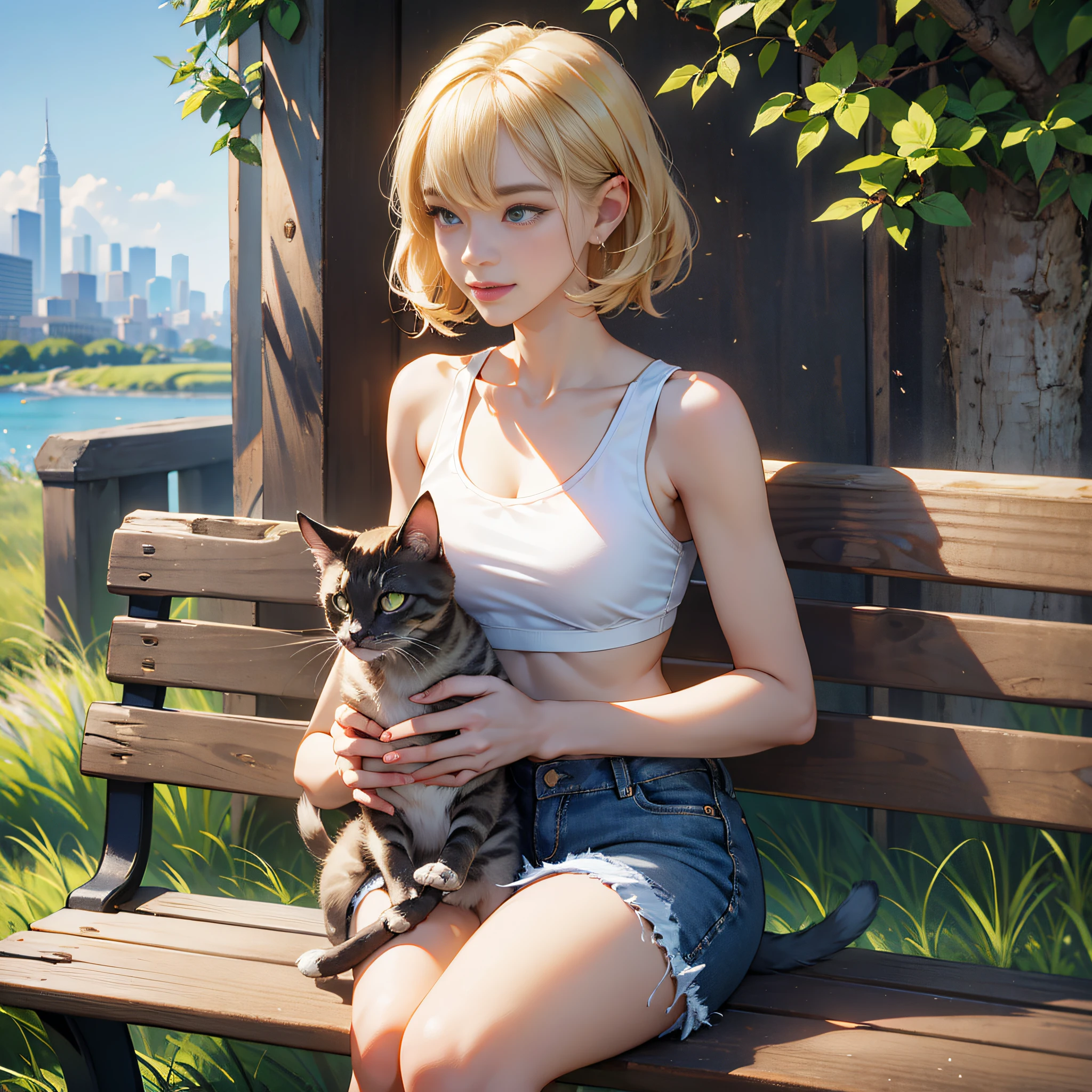 {masterpiece, best quality, extremely detailed CG, unity 8k wallpaper, cinematic lighting}}, Under a clear sky, in a park bench facing Yokohama Port, we find our protagonist, a beautiful and adorable girl. With a smiling face, she sits on the bench, cradling a kitten in her arms. She has a blonde short bob:1.5, and her eyes are a captivating shade of blue, with double eyelids and long lashes. She has long limbs, a slender waist, and is dressed in a white tank top that reveals her midriff:1.5, paired with distressed denim shorts:1.4. Completing her ensemble are white running shoes.
The kitten is a black cat:1.2, with its golden eyes, her gazes back at the girl affectionately.