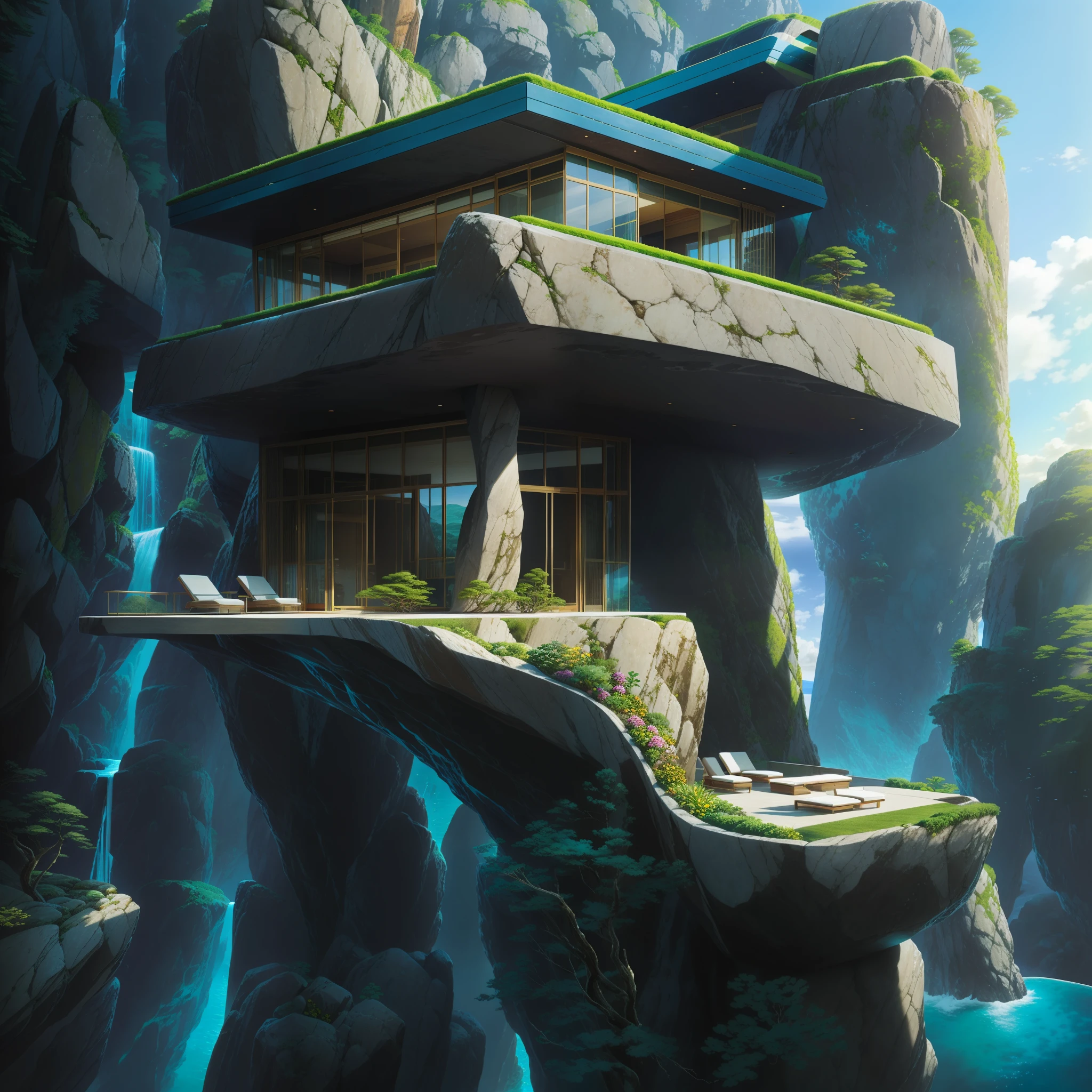 a modern futuristic design large cliff House's with a artificial waterfall and a pool in the middle, nature meets architecture, built around blue ocean, realistic beehive architecture, organic architecture, very close to real nature, breathtaking render, island with cave, stunning architecture, luxury architecture, realistic fantasy render, by Zha Shibiao, epic and stunning, architectural visualization, epic architecture, concept art. 8 k