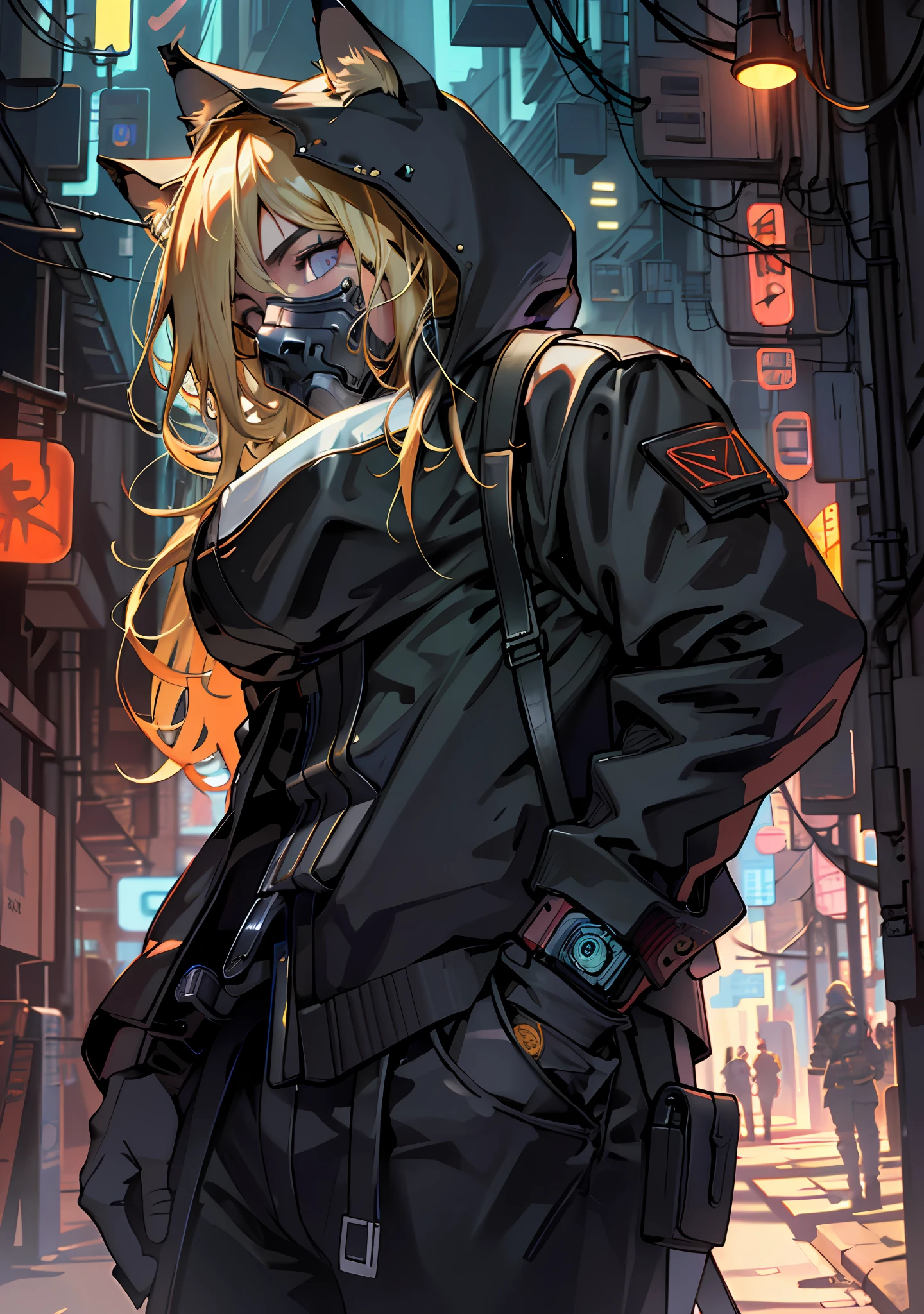 ultra detail, high resolution, ultra detailed, best quality, amazing, top quality, extremely detailed CG 8k wallpaper unit, cinematic lighting, cyberpunk, dark boy, Wolf face mask, 1girl, blonde hair, big breasts, hood covering head