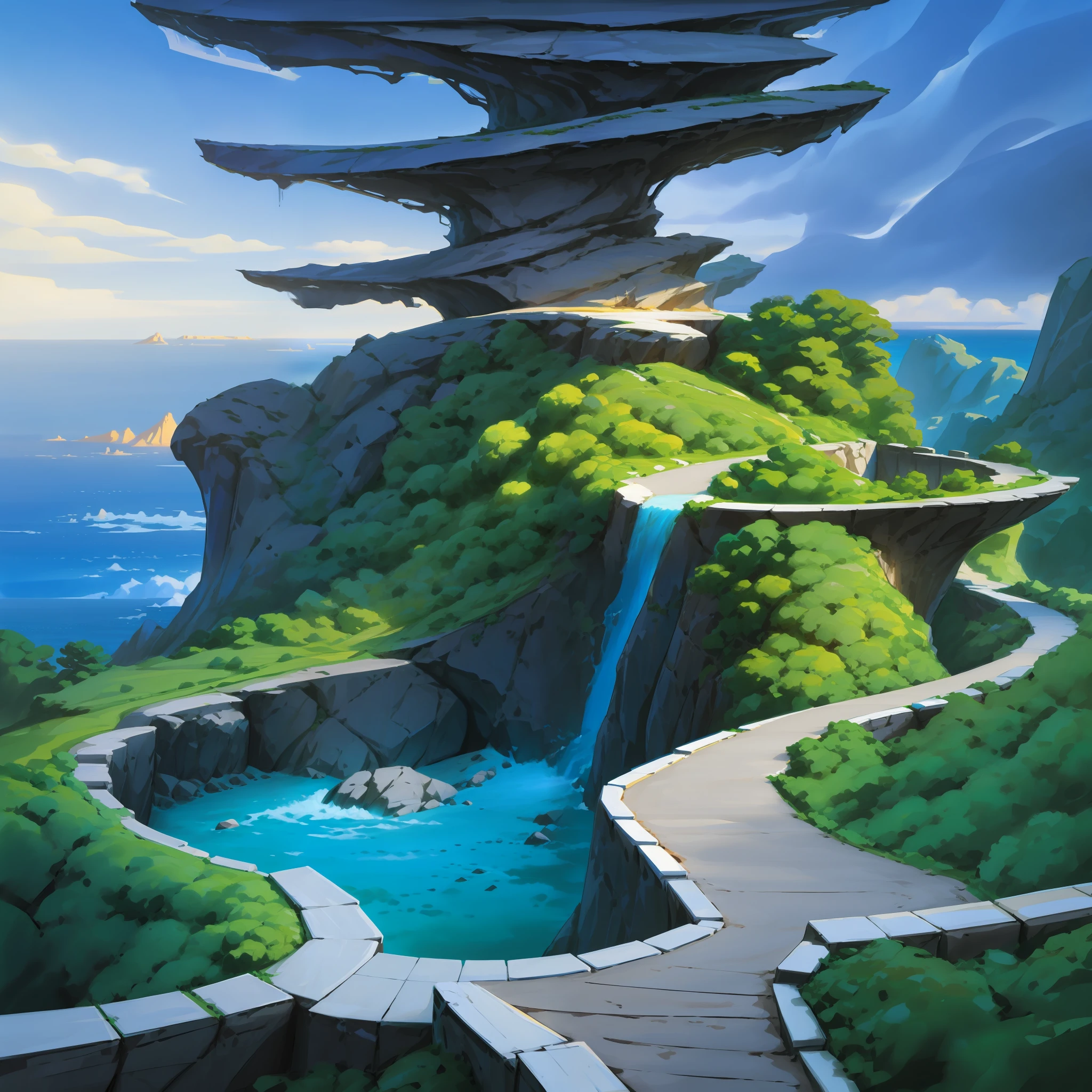a modern futuristic design large cliff House's with a artificial waterfall and a pool in the middle, nature meets architecture, built around blue ocean, realistic beehive architecture, organic architecture, very close to real nature, breathtaking render, island with cave, stunning architecture, luxury architecture, realistic fantasy render, by Zha Shibiao, epic and stunning, architectural visualization, epic architecture, concept art. 8 k