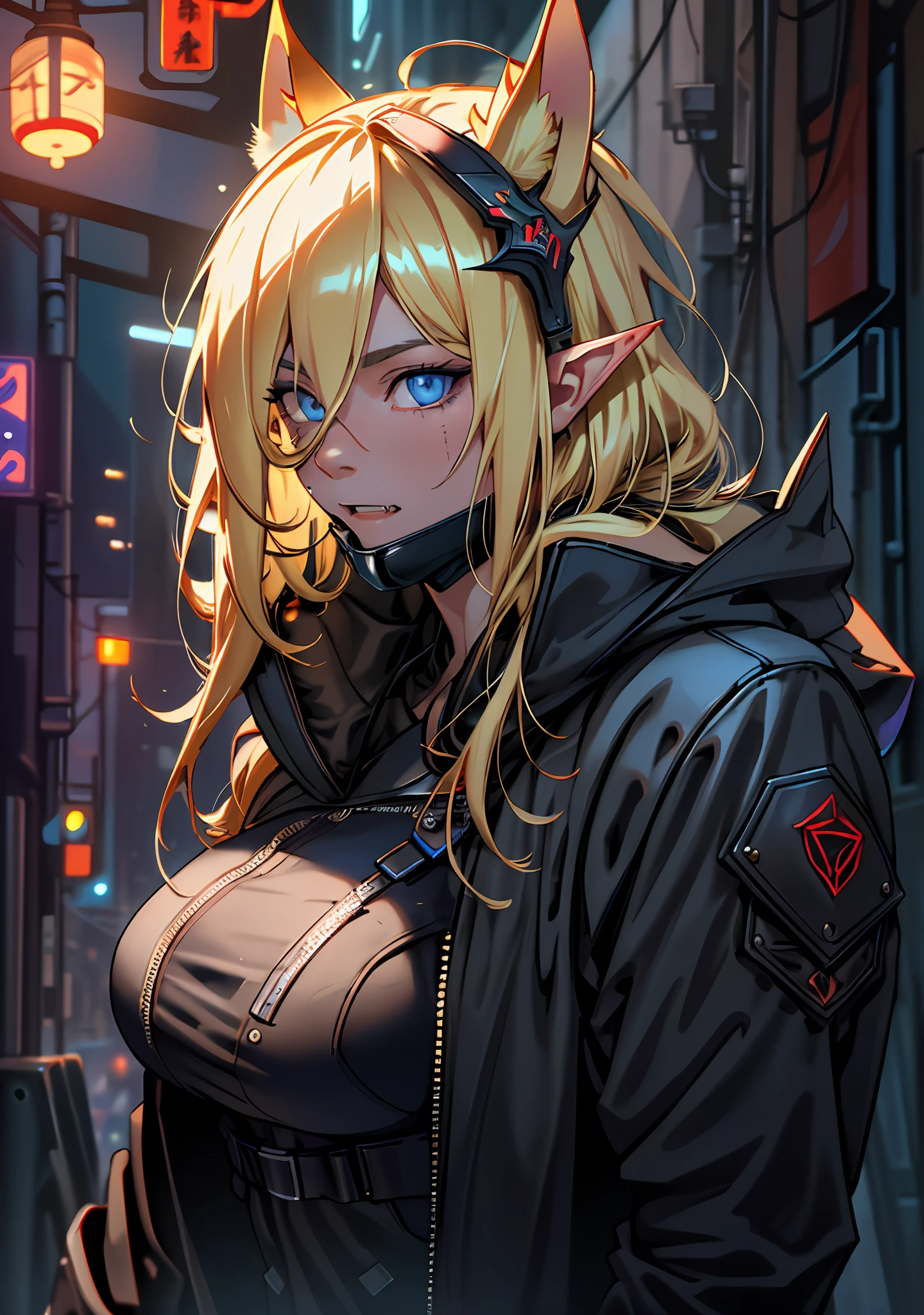 Ultra detail, high resolution, ultra detailed, best quality, amazing, top quality, extremely detailed CG 8k wallpaper unit, cinematic lighting, cyberpunk, dark boy, demon with fangs face mask, 1girl, blonde hair, elf ears, large breasts, hood covering head