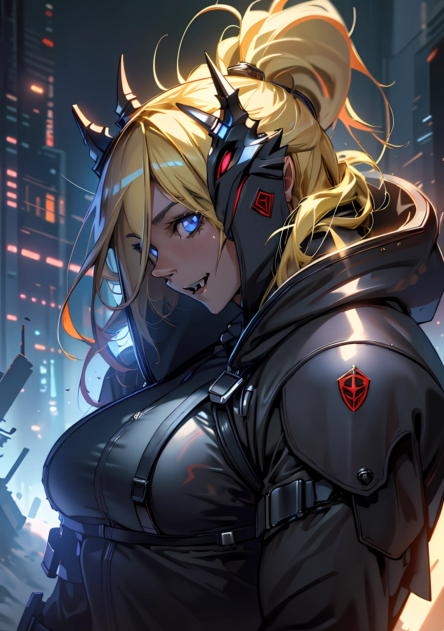 Ultra detail, high resolution, ultra detailed, best quality, amazing, top quality, extremely detailed CG 8k wallpaper unit, cinematic lighting, cyberpunk, dark boy, demon with fangs face mask, 1girl, blonde hair, elf ears, large breasts, hood covering head