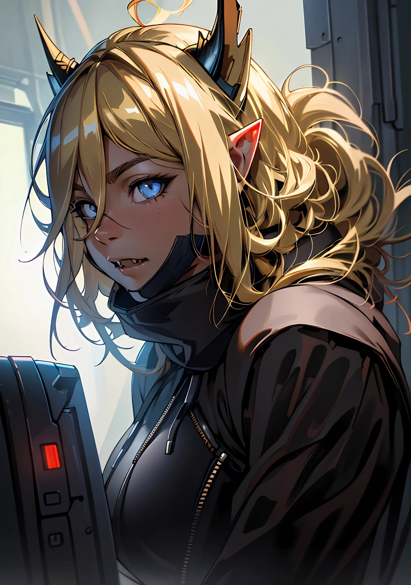 Ultra detail, high resolution, ultra detailed, best quality, amazing, top quality, extremely detailed CG 8k wallpaper unit, cinematic lighting, cyberpunk, dark boy, demon with fangs face mask, 1girl, blonde hair, elf ears, large breasts, hood covering head