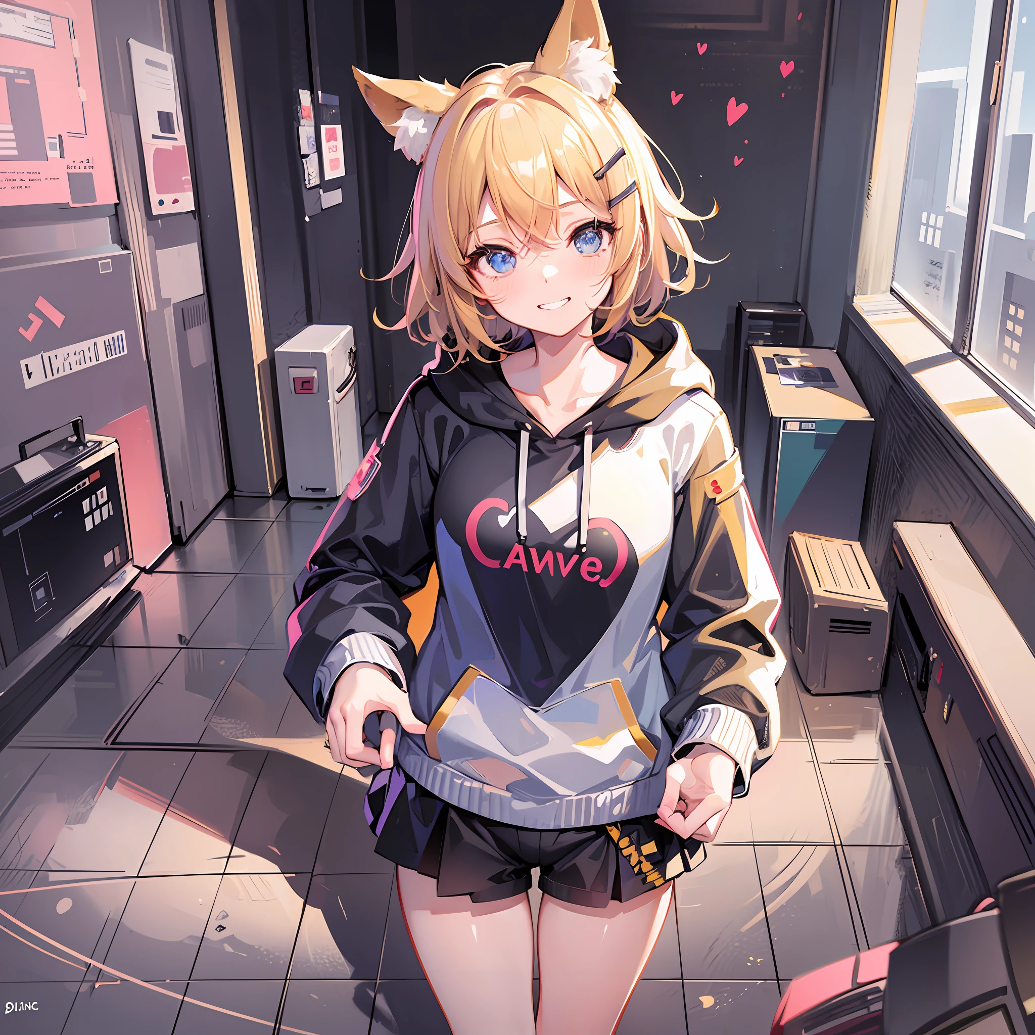 (Masterpiece), (Best Quality), (Illustration), (Super Detail), (High Resolution), Perfect Anatomy, Absurdity, One Girl, (Kagamine_Rin), (Vocaloid), Short Hair, Hair Clips, Blush, (Blonde), Very Cute Girl, Small, Young, Delicate, Attention to Girl, Living Room, Cute, She, Smile, Best Moment, , Blue Eyes, Bright Eyes, Lively Eyes, Cute, standing, thighs, red heart in background, heart speech bubble, spoiled, innocent, love love, love viewer, beautiful body, cute face, delicate arms, boyfriend gaze, lively eyes, neatness, bare legs, dabo dabo hoodie, perfect hoodie, hoodie based on white, black shorts, cat ears, bold pose, beautiful girl, estrus, nsfw, naughty mood, grinning, female brat