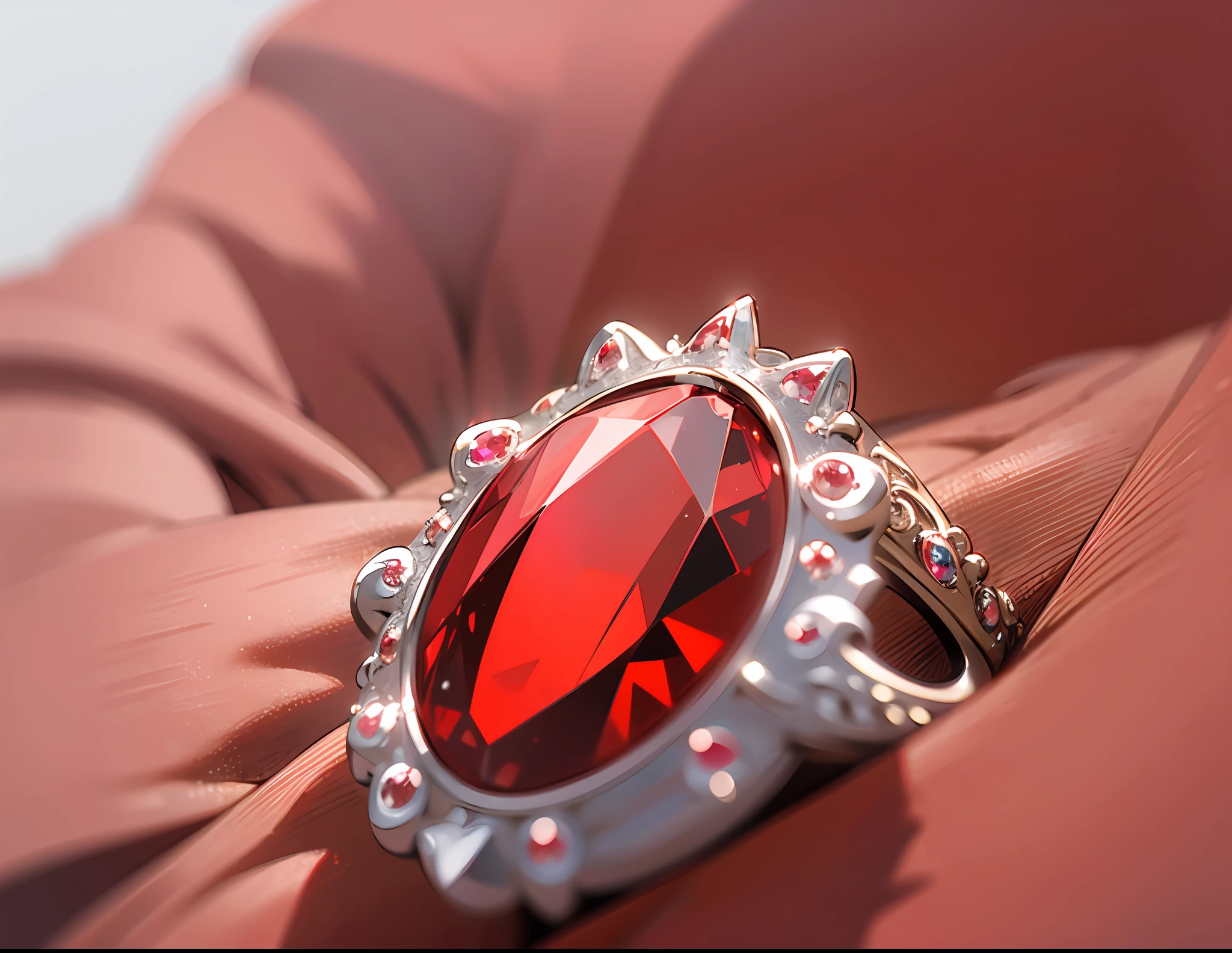 (Best Quality), (Very Detailed), 3D, Ring Close Up with Red Gemstone, Ring Close Up, One Teardrop Ruby, 8K, High Detail, Crown Ring, White Gold, Princess Ring, Diamond, --auto --s2