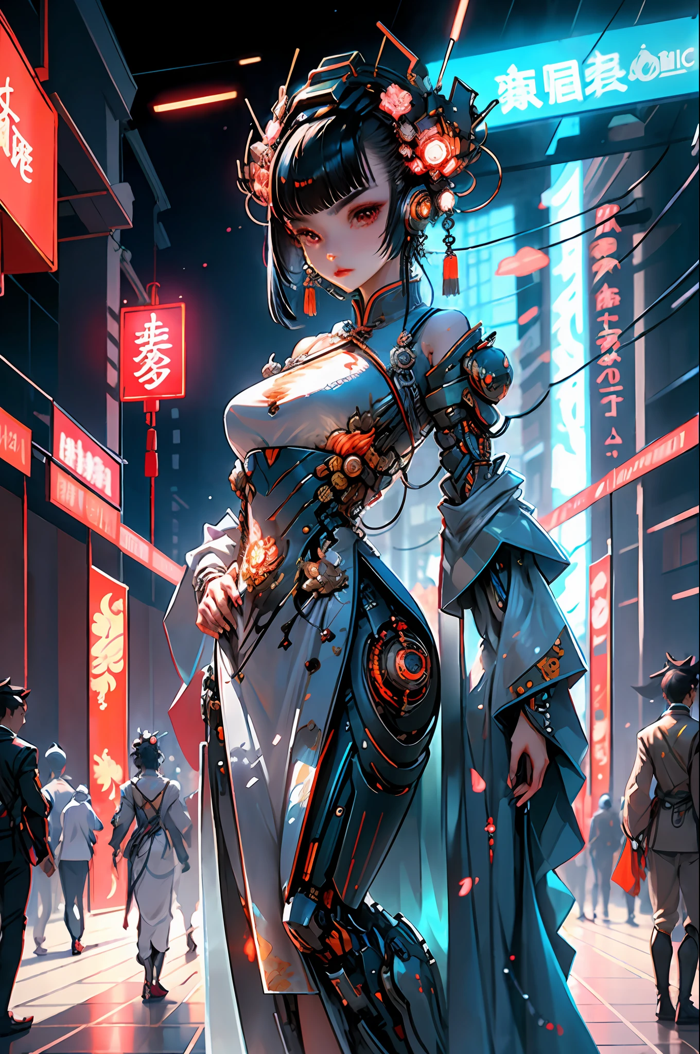 A beautiful girl, full body, clear facial features, amazing facial features, ancient Chinese costumes, Chinese cyberpunk, cyberpunk city headwear, hair accessories, super complex design, mechanical mecha, technology, stunning lighting, C4D, OC rendering, cinematic edge light, fine light, masterpiece, super detail, epic composition, ultra HD, high quality, 32k