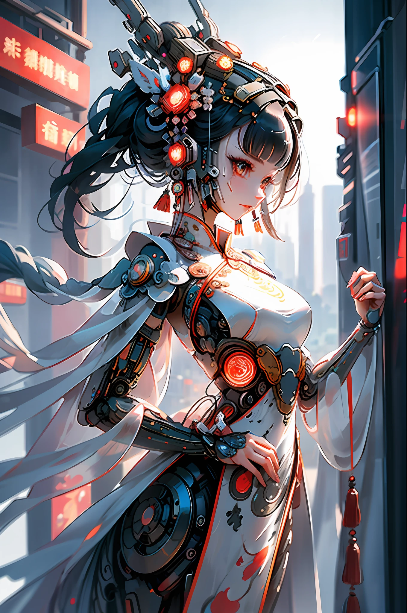 A beautiful girl, full body, clear facial features, amazing facial features, ancient Chinese costumes, Chinese cyberpunk, cyberpunk city headwear, hair accessories, super complex design, mechanical mecha, technology, stunning lighting, C4D, OC rendering, cinematic edge light, fine light, masterpiece, super detail, epic composition, ultra HD, high quality, 32k