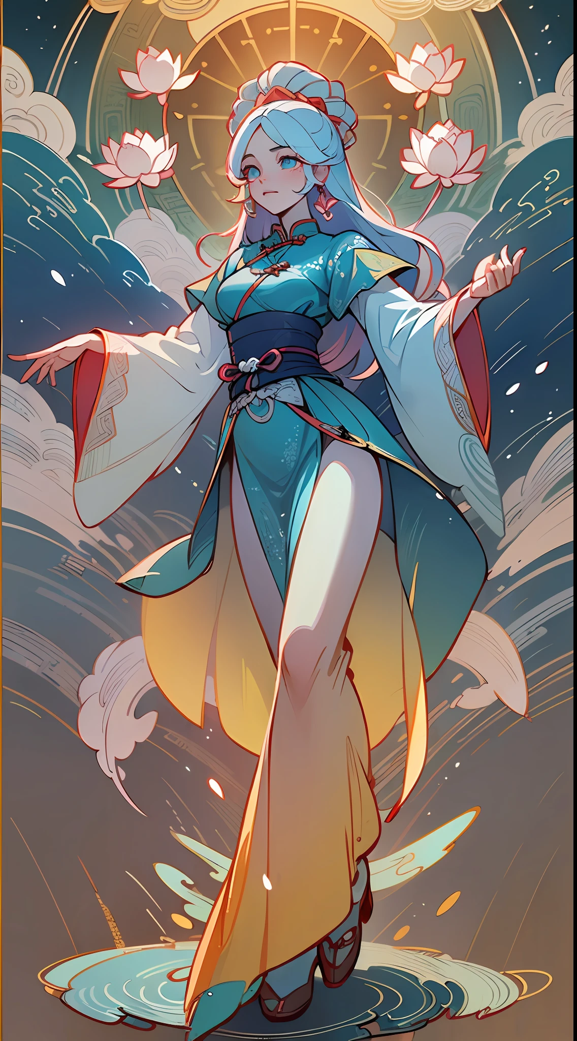 ((High-quality CG, Chinese painting style), (one female), full body picture, character standing painting, a beautiful fairy dancing in the magnificent sky, beautiful and gorgeous posture, beautiful appearance like a flower, dressed in gorgeous clothes, like the first bloom of snow lotus, eyes shining happily, full of light, brilliant magic array surrounding, containing oriental aesthetics, gorgeous fairy clothes, exquisite posture, long hair like a waterfall, white light flashing, dreamy clouds, C4D, OC rendering, movie edge light, fine light, masterpiece, super detail, epic composition, ultra HD, high quality, 32k