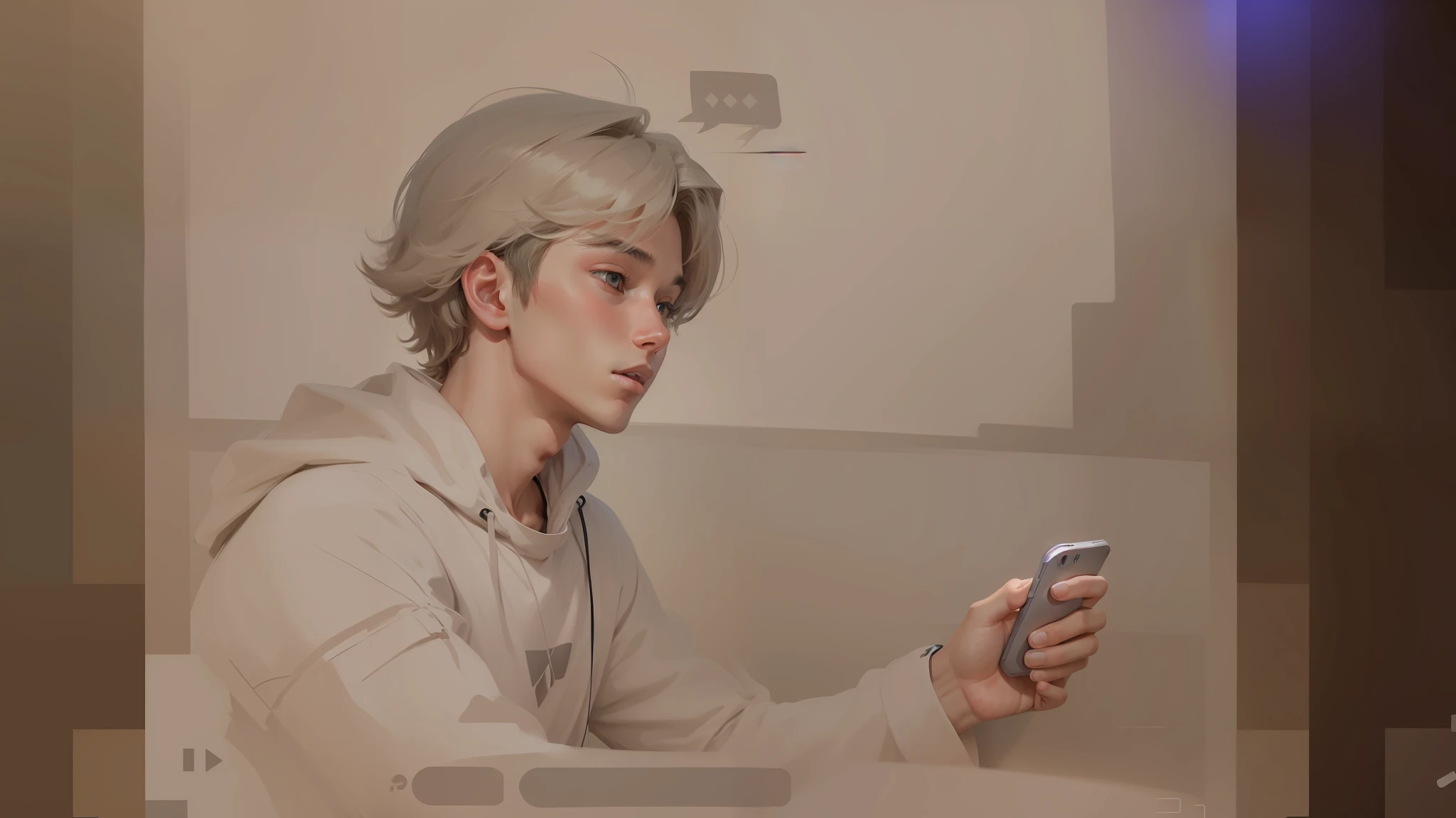 a 22 years old boy chatting, messaging with phone, onboarding illustraction design, vector-art