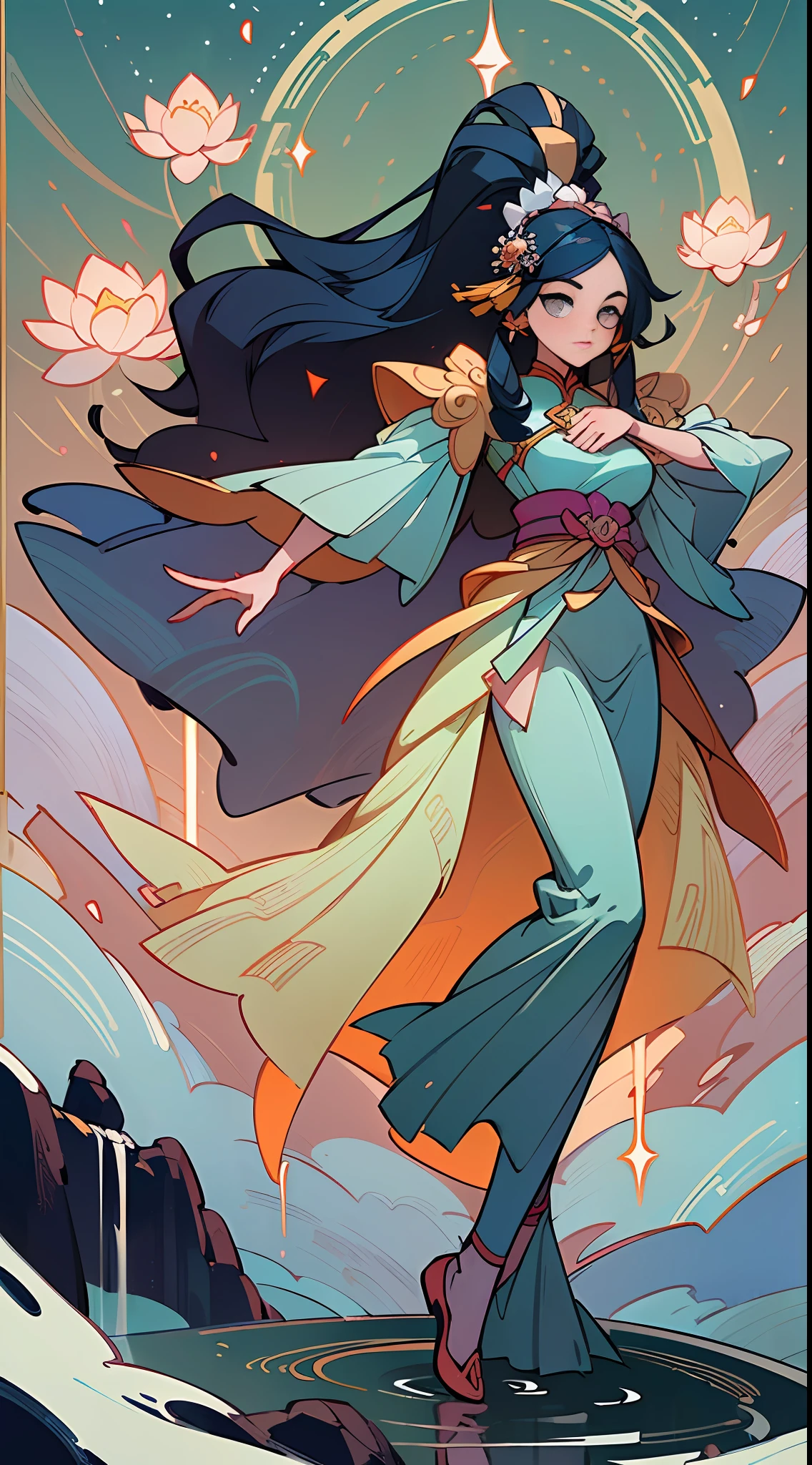 ((High-quality CG, Chinese painting style), (one female), full body picture, character standing painting, a beautiful fairy dancing in the magnificent sky, beautiful and gorgeous posture, beautiful appearance like a flower, dressed in gorgeous clothes, like the first bloom of snow lotus, eyes shining happily, full of light, brilliant magic array surrounding, containing oriental aesthetics, gorgeous fairy clothes, exquisite posture, long hair like a waterfall, white light flashing, dreamy clouds, C4D, OC rendering, movie edge light, fine light, masterpiece, super detail, epic composition, ultra HD, high quality, 32k