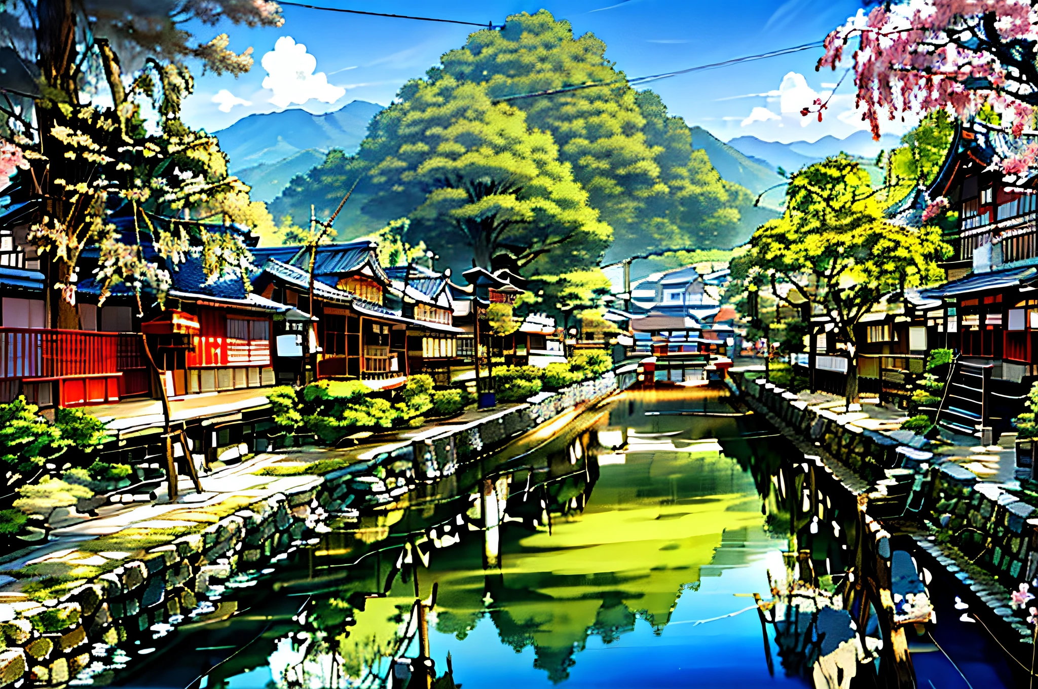 Small canal flowing through a small town, beautiful Iwakura, Japan town, Japan rural town, Kyoto setting of Japan, ryokan and Edo period houses, Japan countryside, historical background, Kyoto, Iwakura, Japan village, Edo period houses in the background