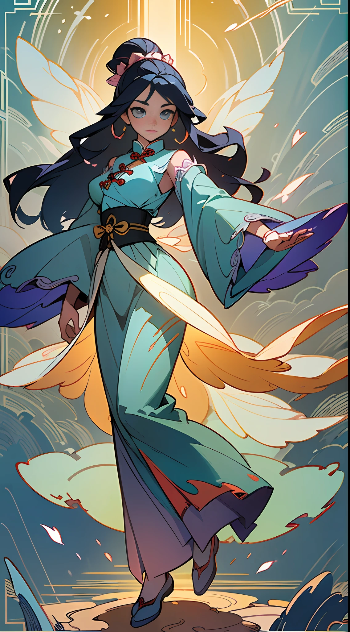 ((High-quality CG, Chinese painting style), (one female), full body picture, character standing painting, a beautiful fairy dancing in the magnificent sky, beautiful and gorgeous posture, beautiful appearance like a flower, dressed in gorgeous clothes, like the first bloom of snow lotus, eyes shining happily, full of light, brilliant magic array surrounding, containing oriental aesthetics, gorgeous fairy clothes, exquisite posture, long hair like a waterfall, white light flashing, dreamy clouds, C4D, OC rendering, movie edge light, fine light, masterpiece, super detail, epic composition, ultra HD, high quality, 32k