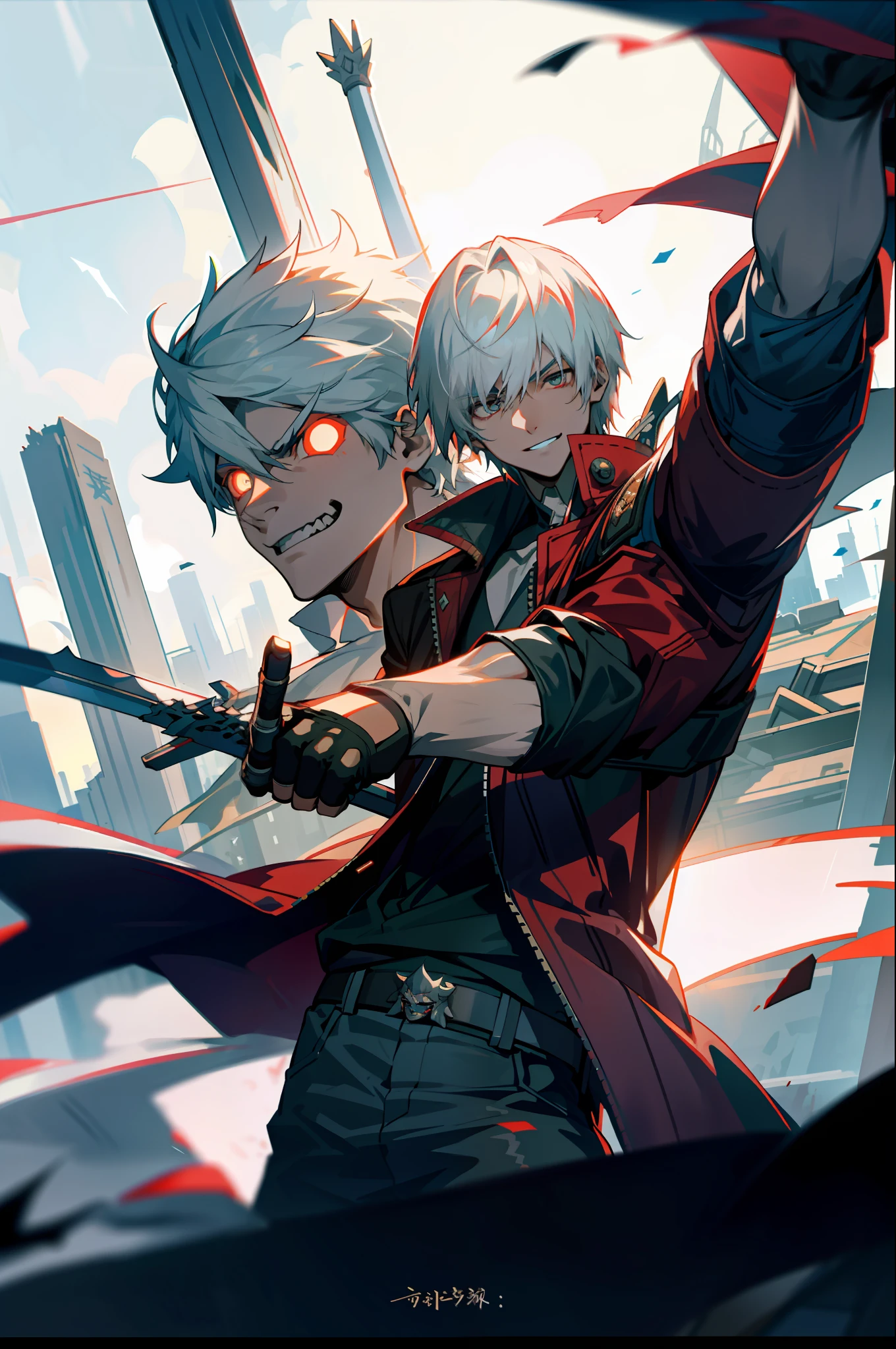 masterpiece, best quality, 1boy, dante, white hair, open clothes, coat, fingerless gloves, belt, city, detailed eyes, destroyed buildings,  destruction,  (night:1.4), smiling, natural light,war, angry eyes, looking ahead, male focus, muscles, movie composition, deth of field, bokeh  (demons on the background:1.2) , (sword:1.2),  fighting pose, explosions, upper,